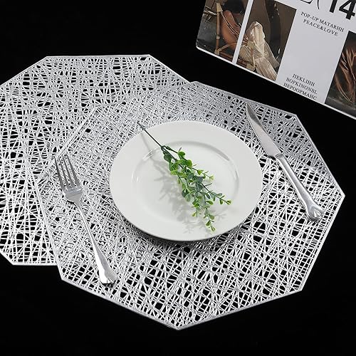 Miniatura 4 de fanquare Juego de 6 manteles individuales metálicos plateados de 15.2 pulgadas, manteles individuales decorativos para mesa, lavables, resistentes