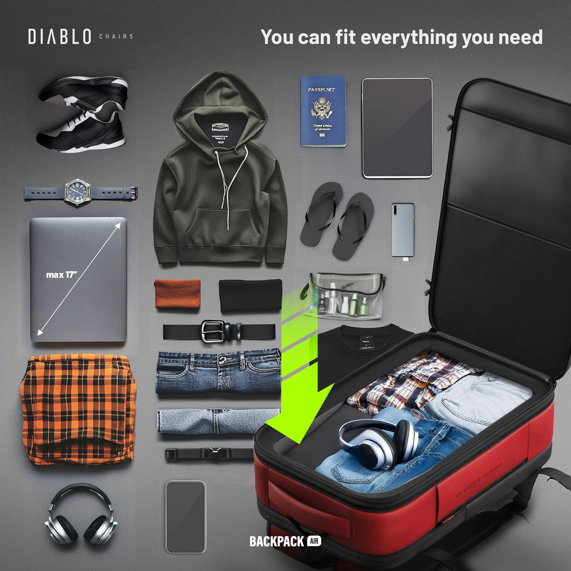 Diablo Chairs Plecak Próżniowy Backpack Air Wodoodporny Plecak Podróżny z Komorą Próżniową Rozszerzającą Pojemność Antywłamaniowy Zamek Kieszeń na Laptopa 32x52x18 cm Czerwony