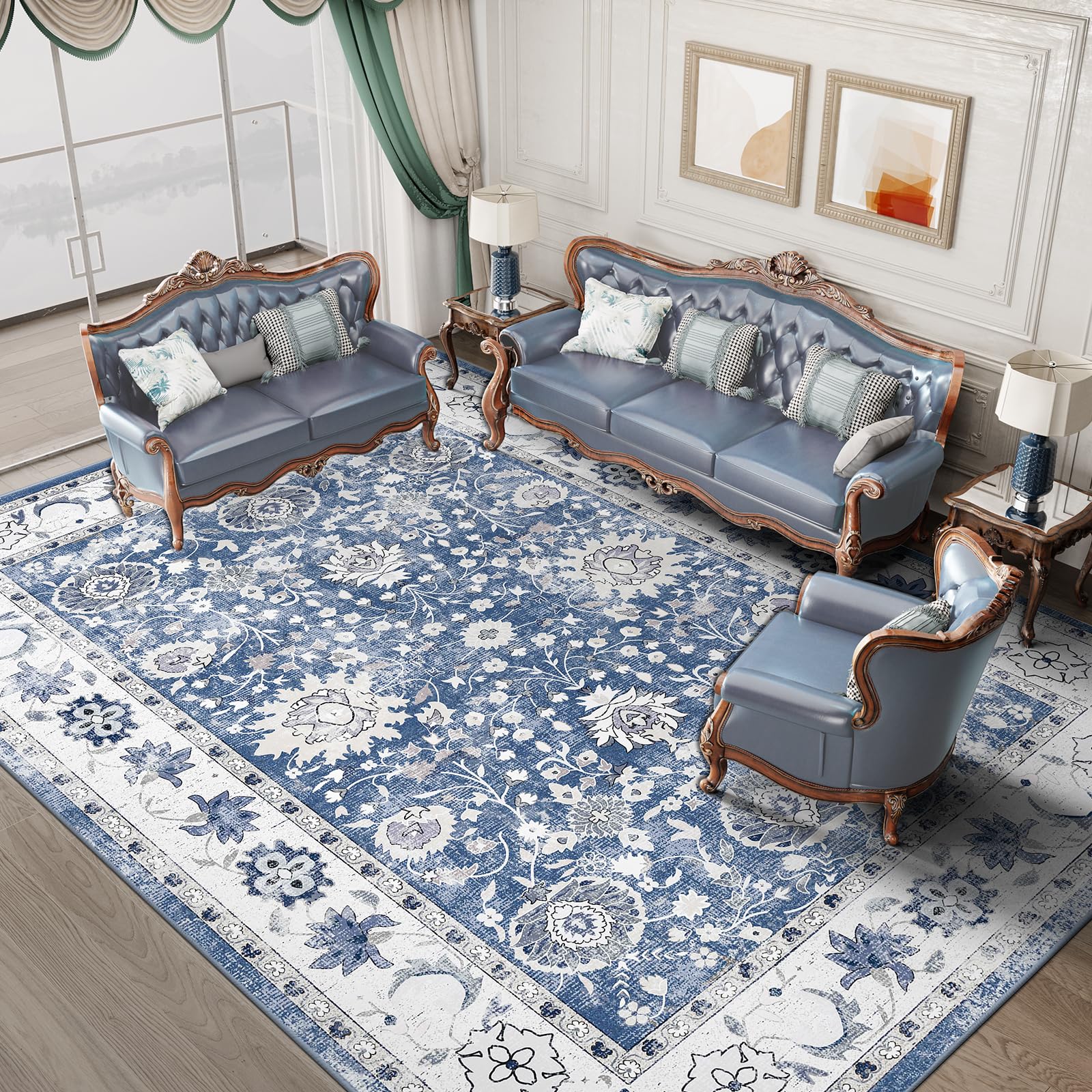 IKALIFE Tappeto Salotto Lavabile Lavatrice - Tappeto Soggiorno Vintage Tappeto Pelo Corto Tappeto Grande Tappeto Camera da Letto, Morbido Antiscivolo per Sala, Pranzo 160x230 cm Blu