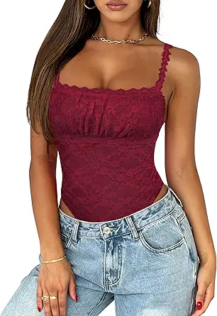 Saslax Women's Sexy Square Neck Lace Sleeveless Bodysuit Tank Tops Double Lined Body Suit Thong Outfits