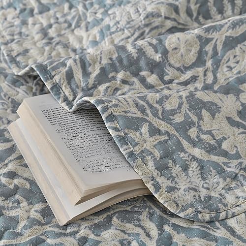 Miniatura 4 de DURLENGEN Juego de edredón botánico gris azulado tamaño Queen de 3 piezas, estampado gris azulado con patrón de hojas beige, juego de colcha ligera