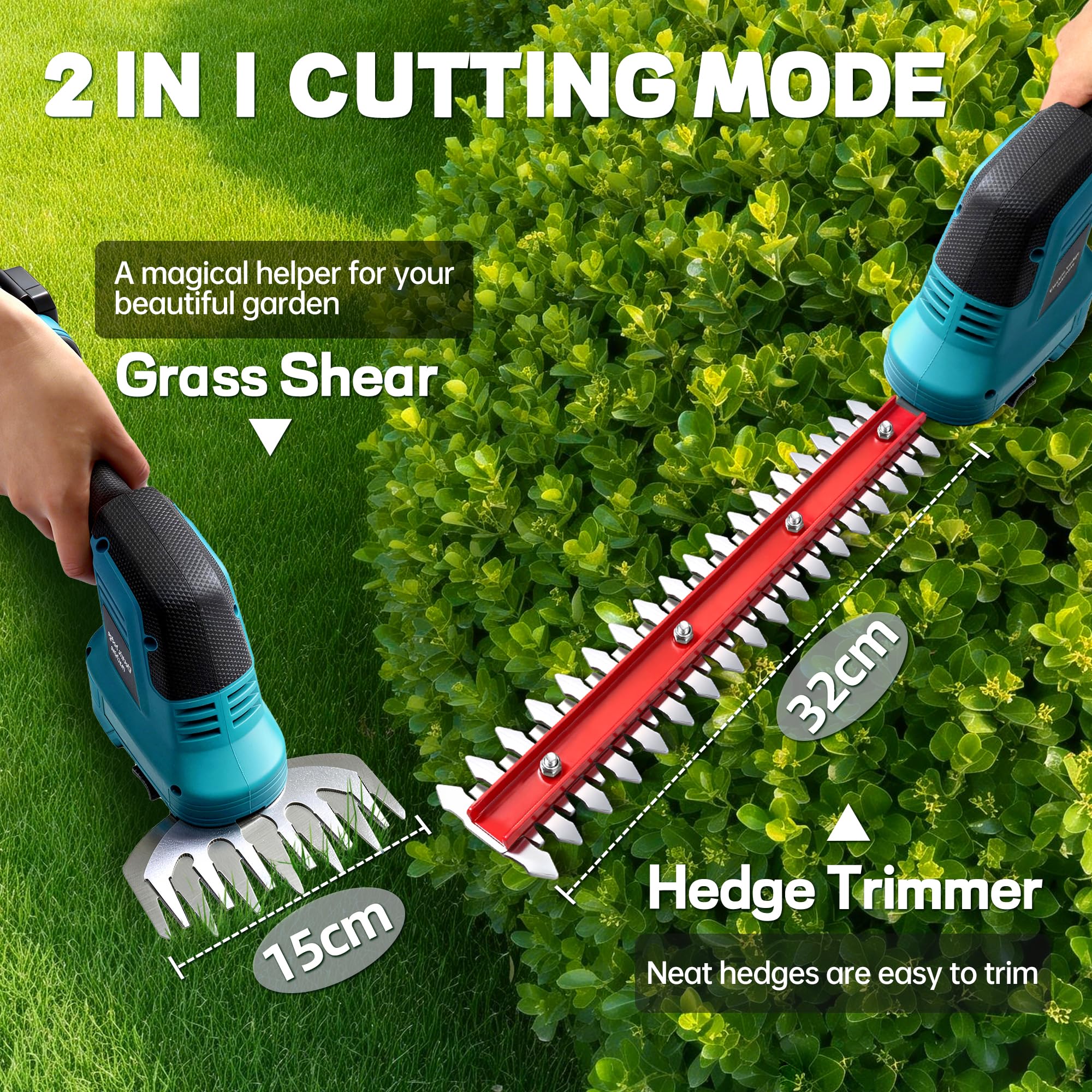 AearKing Taille Haie Electrique,2 en 1 Cisaille à Gazon sur Batterie Rechargeable,Taille Haie Electrique sans Fil avec 1x4000mAh Batterie,32cm Taille Haie et 15cm Cisaille de Jardin,Coupe Bordure