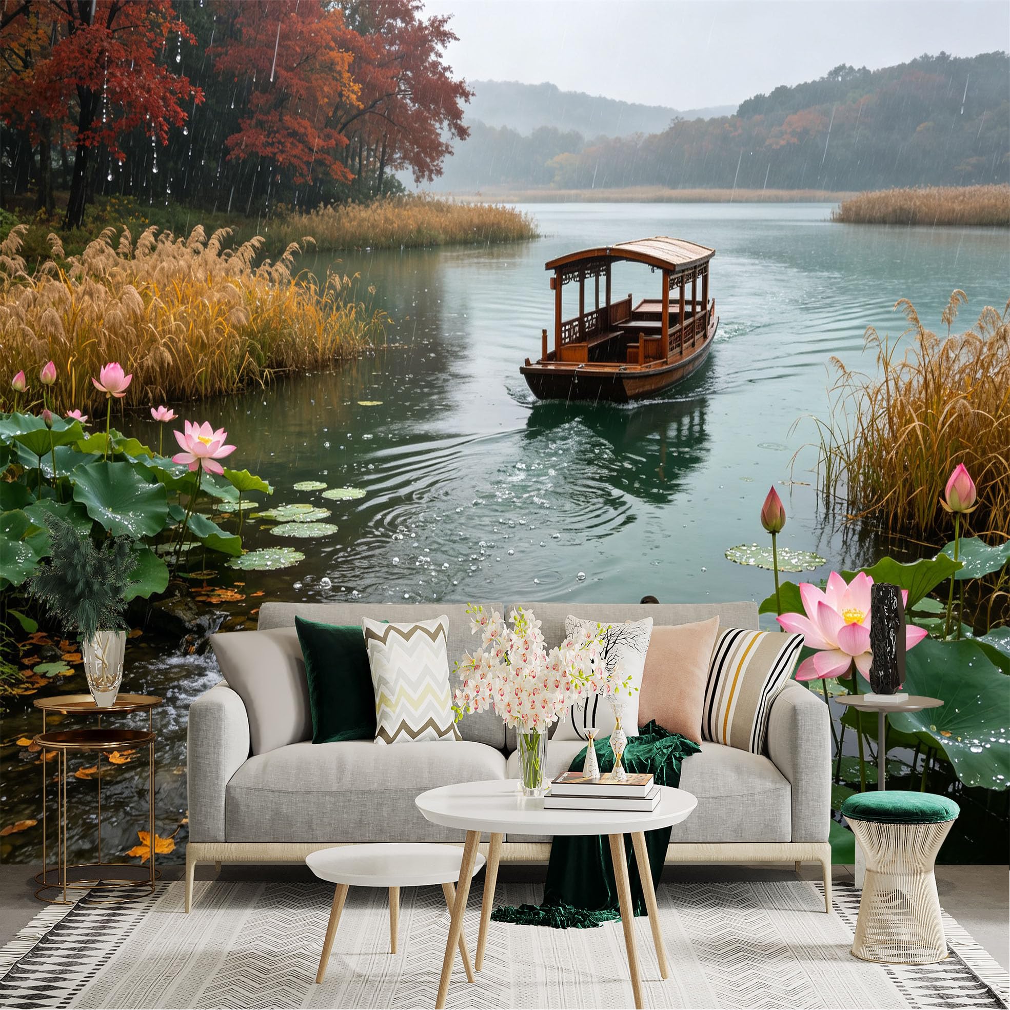 Custom Size Wall Sticker Mural， Oriental Wooden Boat on Lake， Misty Autumn Scenery， Blooming Lotus Flowers， for wall Decoration， peelandstick wall Decals.