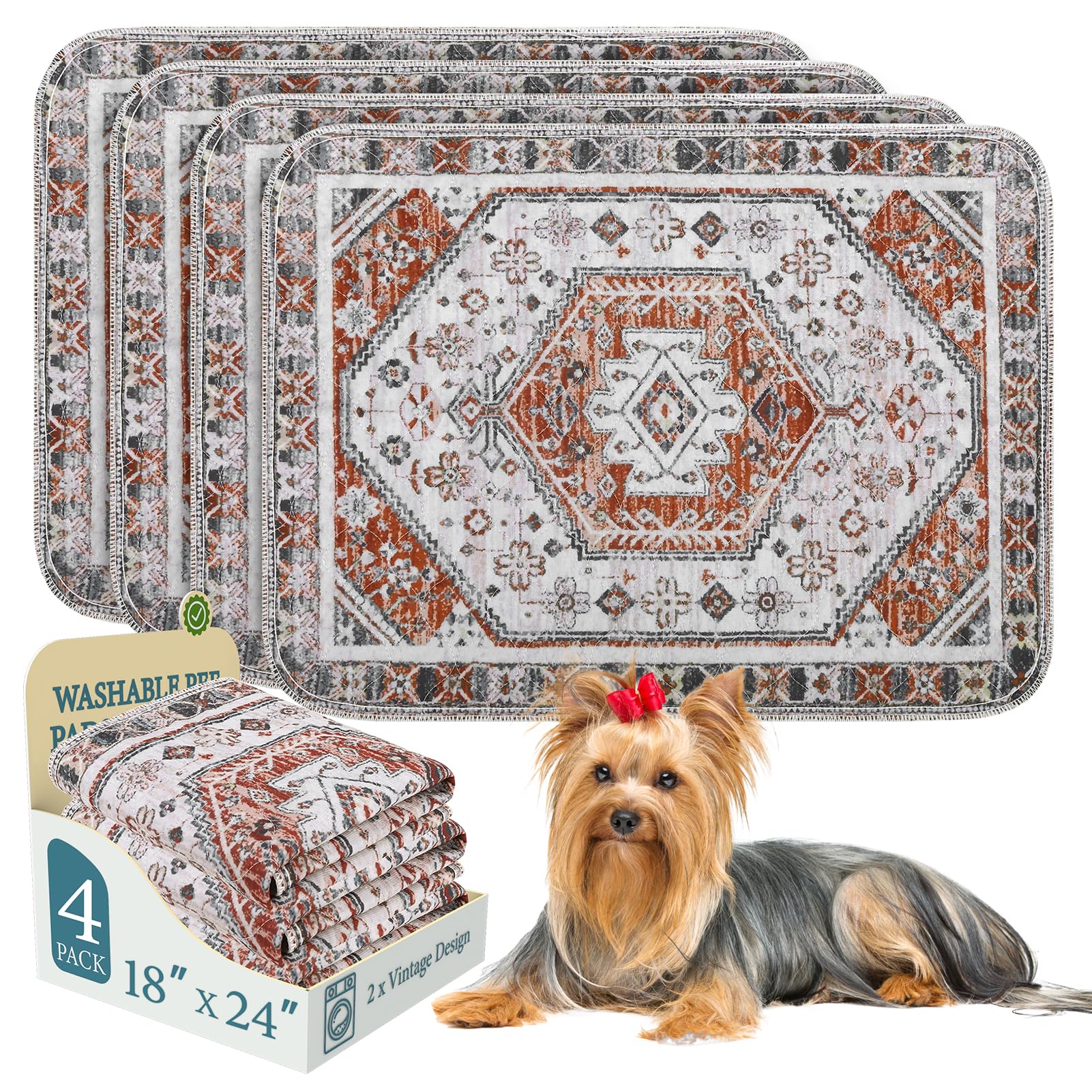 Homimp Washable Pee Pads for Dogs, 4 Pack Reusable Puppy Pads Waterproof,Absorbent and Leakproof Dog Pee Pads,Non Slip Puppy Training Pads, Pet Mat for Floor, Crate, Couch, Whelping, Brown 18"x24"