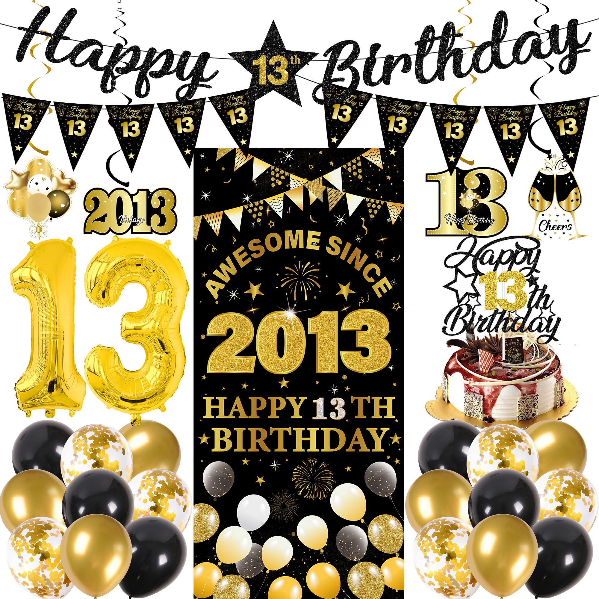13th Birthday Decorations Boys Girls - 27 Pcs Black Gold Happy 13th Birthday Banner Triangular Flag Hanging Swirls Backdrop Cake Topper 13 Balloon Set for 13 Years Old Party Decoration Supplies