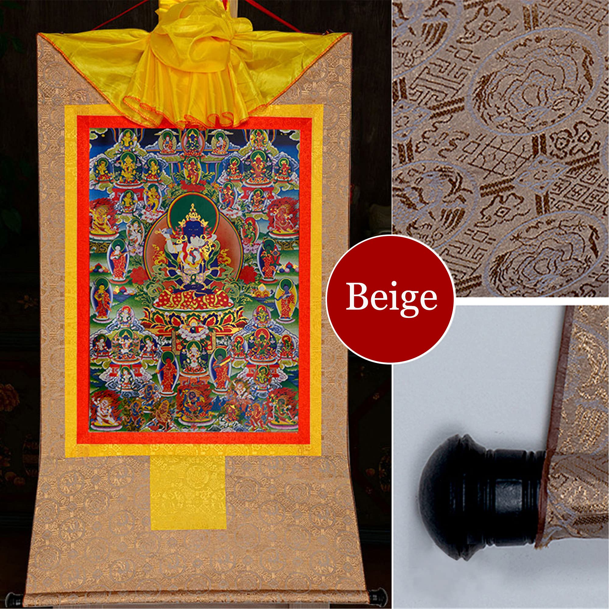 Gandhanra Thangka Tibetano - 42 Divinità pacifiche del Bardo Thodol (Libro tibetano dei morti) - Arazzo di Buddha a Stampa Dorata per Decorazione Zen, Meditazione, Rilassamento Spirituale e Pace