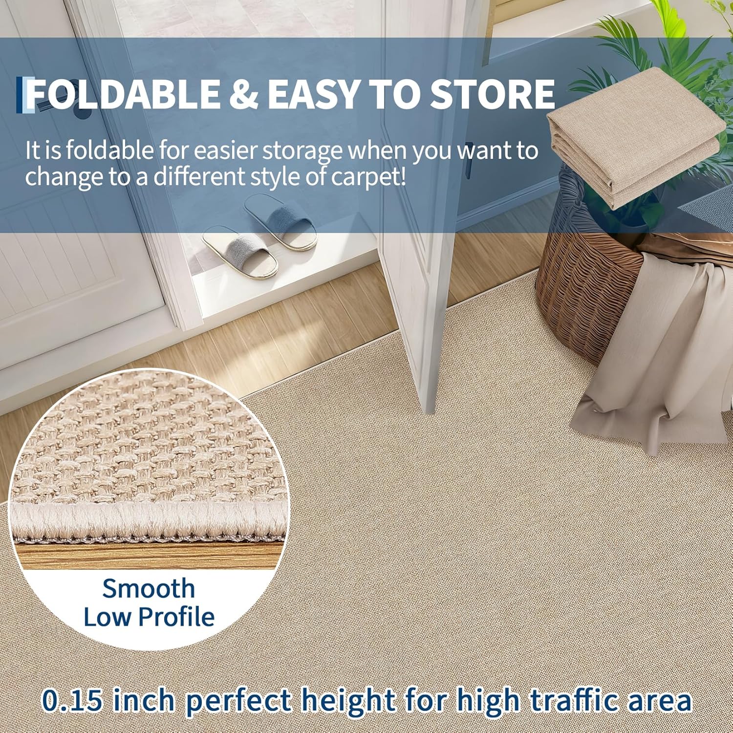 Garvee Washable Runner Rug 2x6 Woven Textured Hallway Runner Rug Modern Minimalist Solid Color Non Slip Runners Low Pile Non-Shedding Thin Foldable Mat for Entryway Kitchen Bathroom Bedside Tan