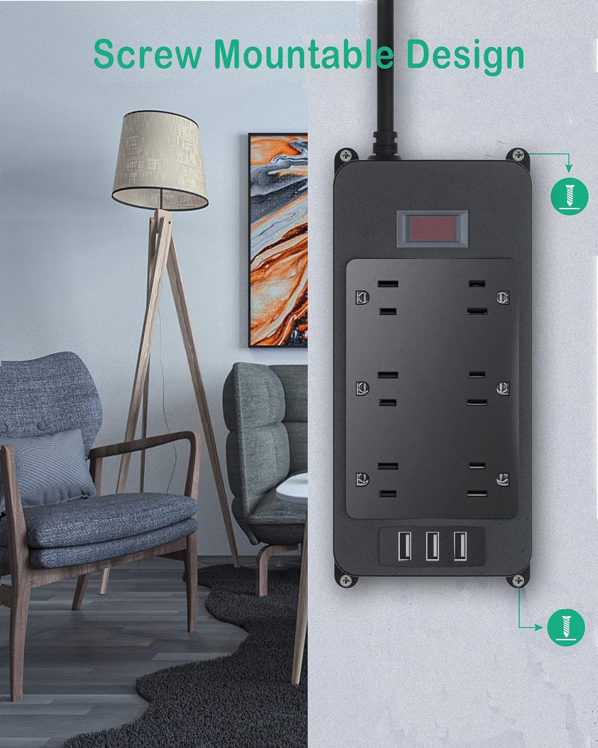 Outdoor Power Strip Weatherproof with 3 USB Ports, Outdoor Surge Protector Waterproof 6 Outlets 6 ft Extension Cord, Overload Protection, Mountable for Bathroom Kitchen Patio Cruise Ship