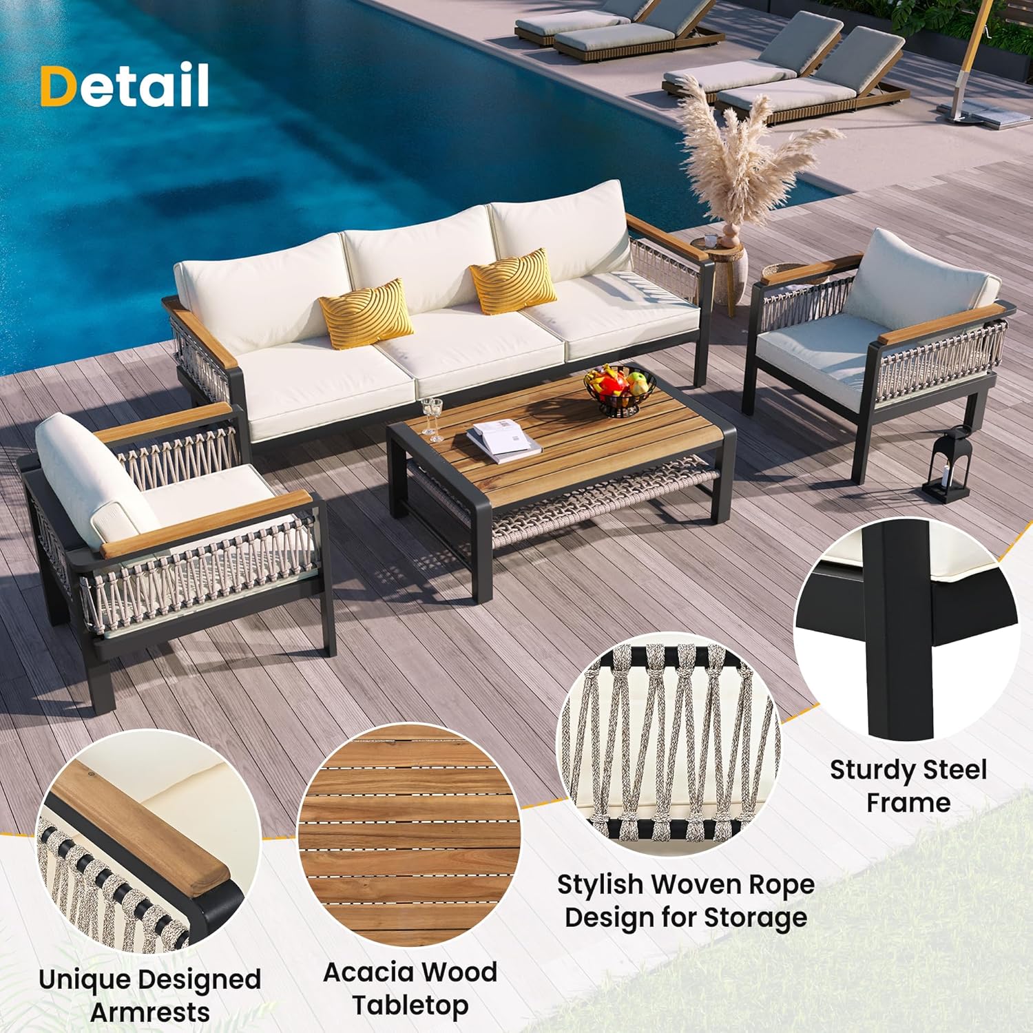 4 Pieces Outdoor Sectional Sofa Set, All-Weather Patio Seating Group Cnversation Set with Cushions and Coffee Table for Patios Gardens Balcony, Sturdy Steel Frame (Beige+Metal & Wood)