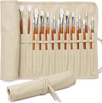 30-Slot Roll-Up Canvas Brush Holder, Washable Paint Brush Case, Beige