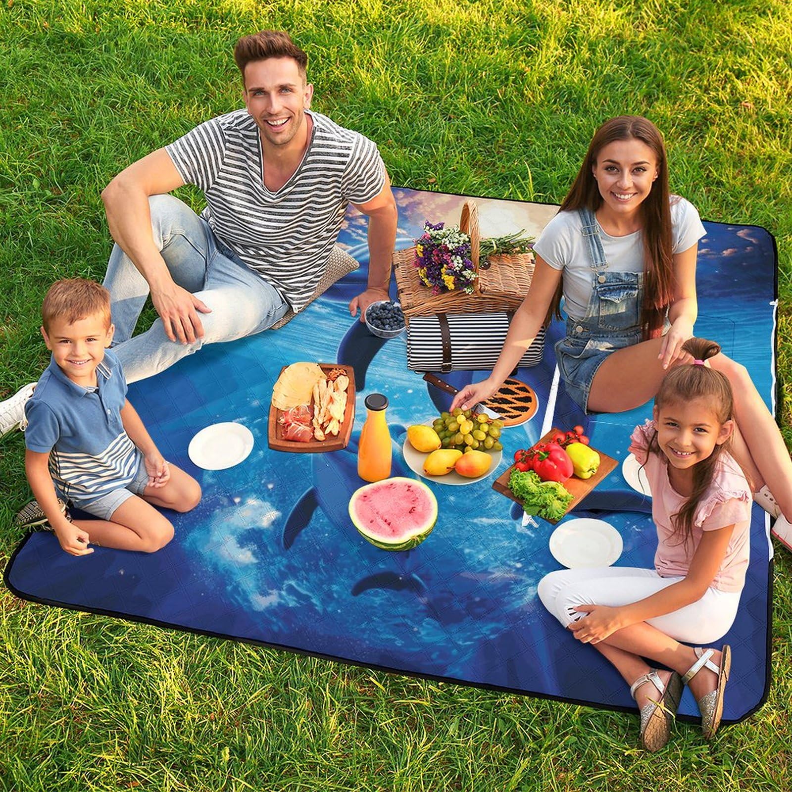 Manta de picnic y playa, manta de picnic portátil, grande, manta de picnic con lindos delfines, plegable, duradera, para playa, camping, césped, parque, accesorios