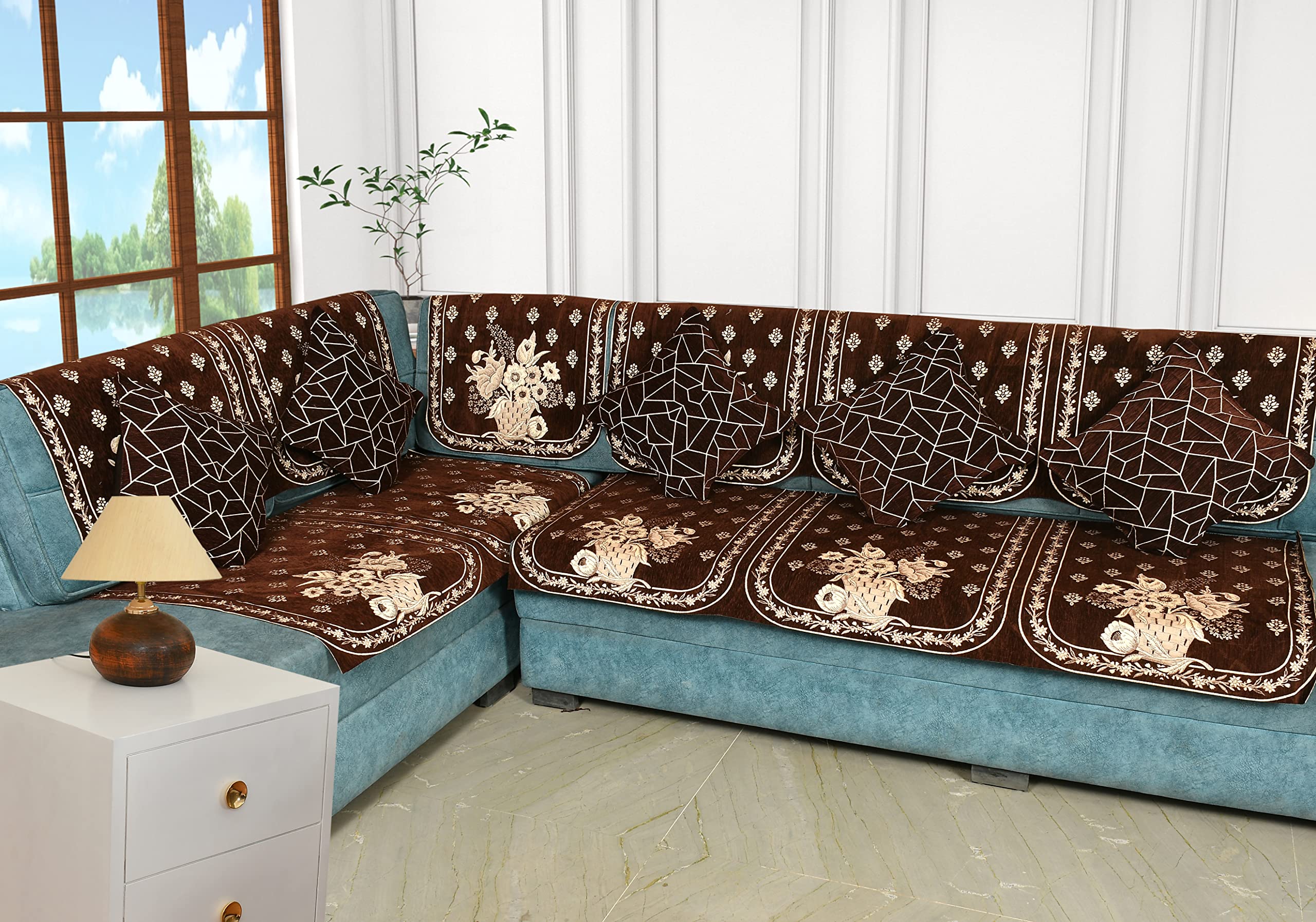 Dazzling DECOR Velvet L Shape Sofa Covers Set 5 Cushion Covers-6 Seater Sofa Slip Protector Covers for Living Room Decor - Heavy Fabric Slip for Long Couch Brown_1381