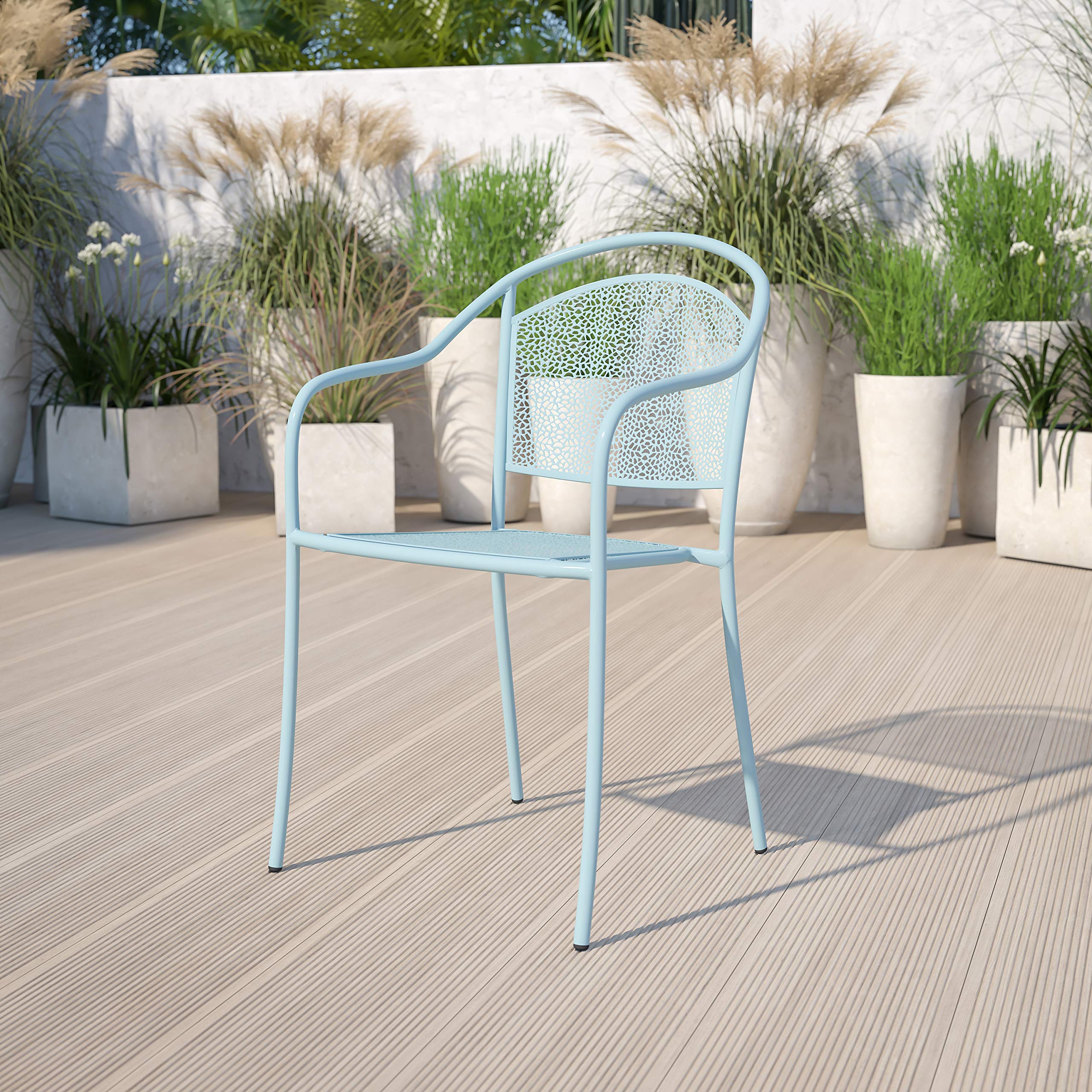 EMMA + OLIVER Commercial Grade Sky Blue Indoor-Outdoor Steel Patio Arm Chair with Round Back