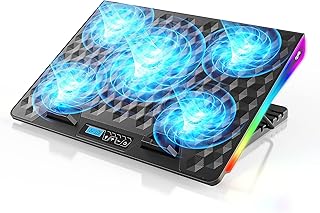Laptop Fan Cooling Pad, RGB Laptop Cooler Pad with 5 Cooling Fans, Cooling Pad for Gaming Laptop 15-17.3 Inch, Laptop Cooling Stand with 5 Height Adjustable, 10 Modes Light & 2 USB Ports