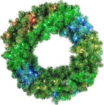 Novelty Lights 24" Lighted RGBWW Deluxe Colorado Pine Wreath with 50 LED Lights, 9 Colors, 6 Animations, 4 Holiday Scenes, Remote Controlled, Commercial Grade, Indoor/Outdoor
