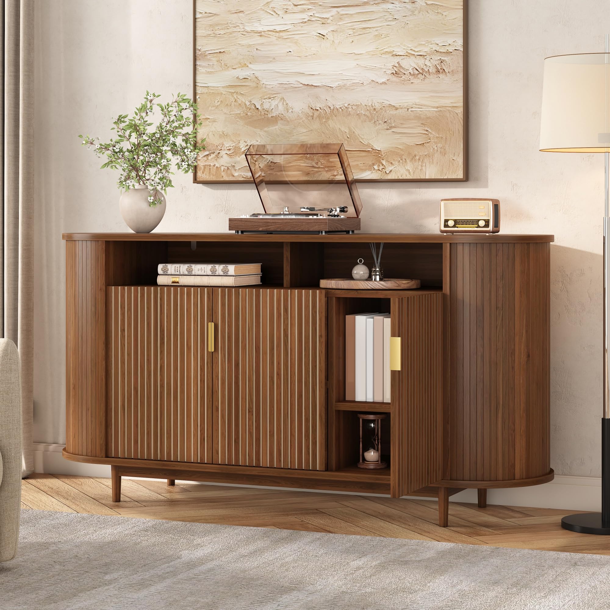 Buffet, Meuble de Rangement en MDF avec 3 Portes et et Pieds en pin, 140 x 40 x 78 cm Buffet Cuisine avec Panneaux de Particules, pour Salon, Salle a Mangeret et Entrée, Aspect Bois, Noyer