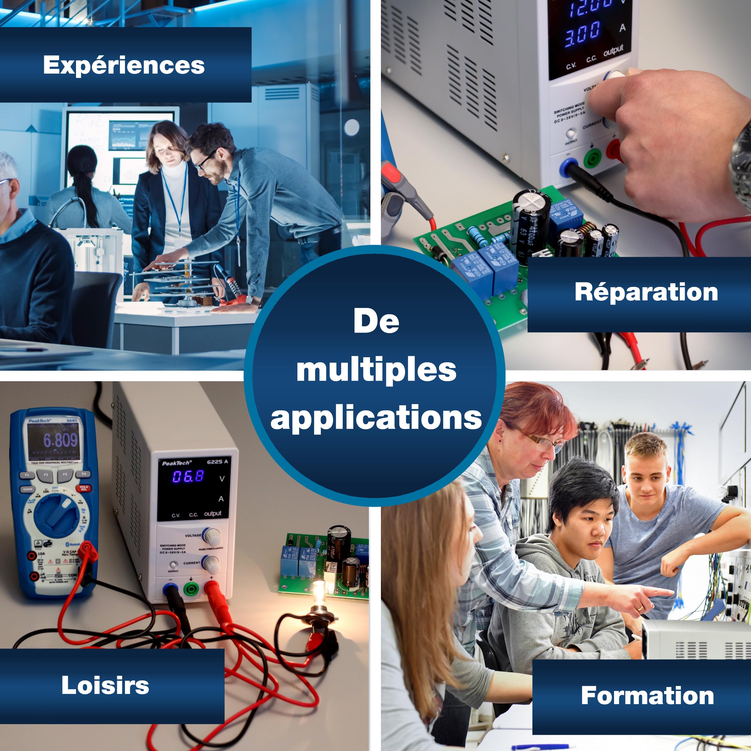 PeakTech 6225 A - Alimentation de Laboratoire DC 0-30V / 0-5A, Réglable, Affichage LED à 4 chiffres, Alimentation Stabilisée à Découpage, Protection contre les Surcharges et les Courts-circuits