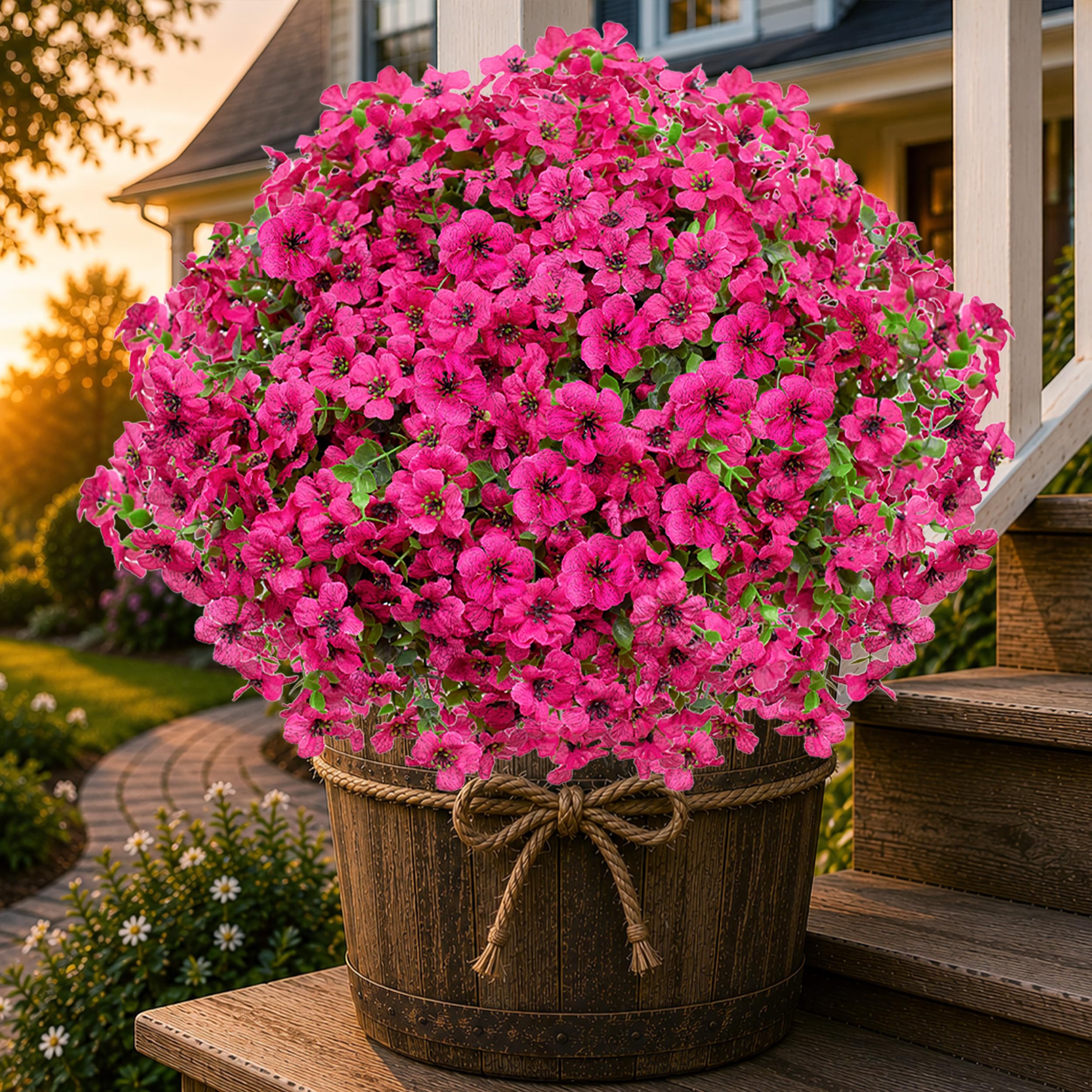 AXYLEX Artificial Flowers for Outdoors Fake Plants - 16 Bundles Faux Outside Boxwood No Fade UV Resistant Plastic Shrubs Spring Home Decor Farmhouse Garden Greenery (RedPink)
