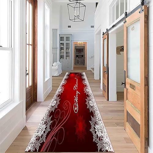 Miniatura 3 de Alfombra de pasillo roja de Navidad, 3.3 x 7 pies, alfombra antideslizante con copos de nieve roja y blanca, alfombra de cocina de invierno para
