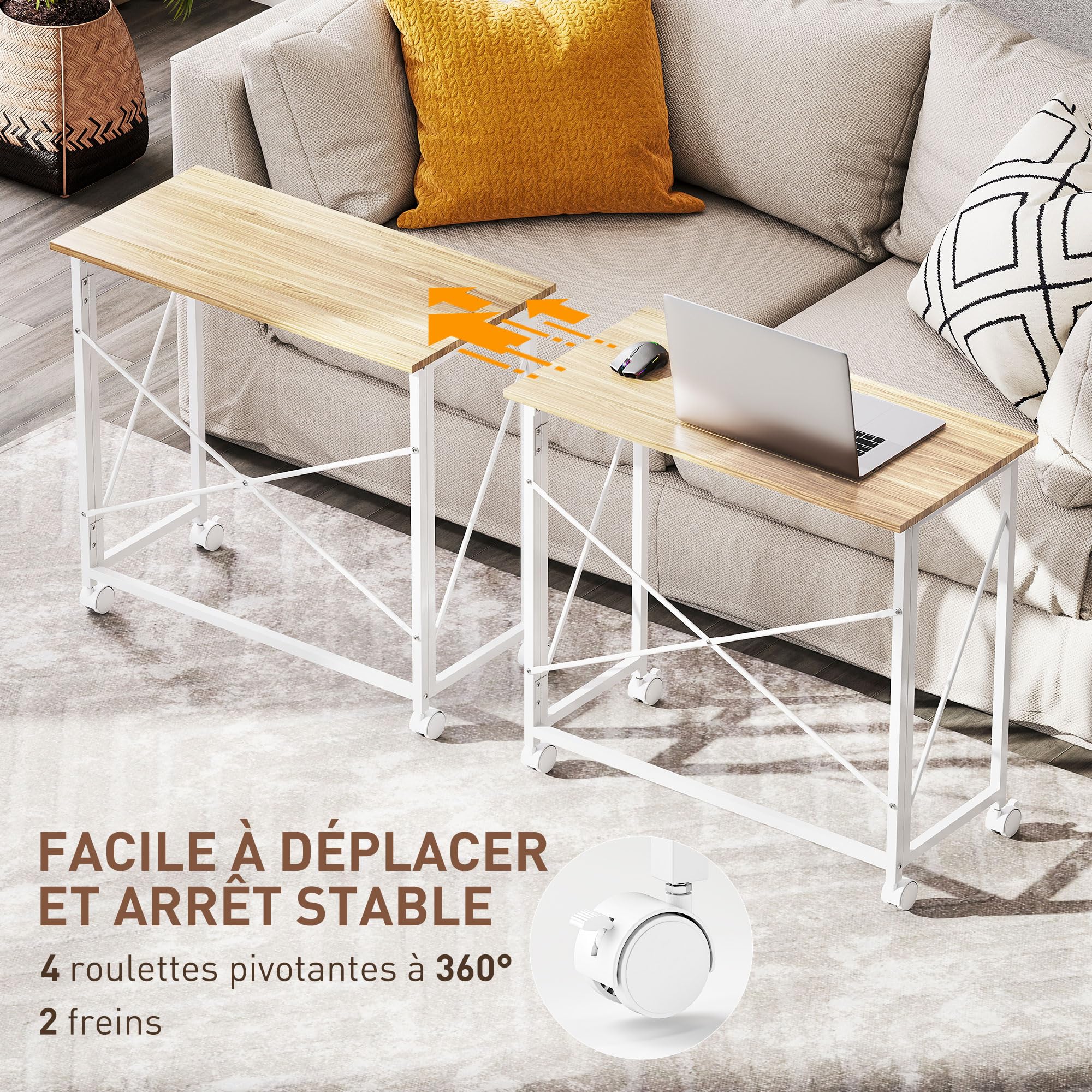 HOMCOM Bureau Pliant Table d'Ordinateur sur roulettes 80 x 40 cm Chêne