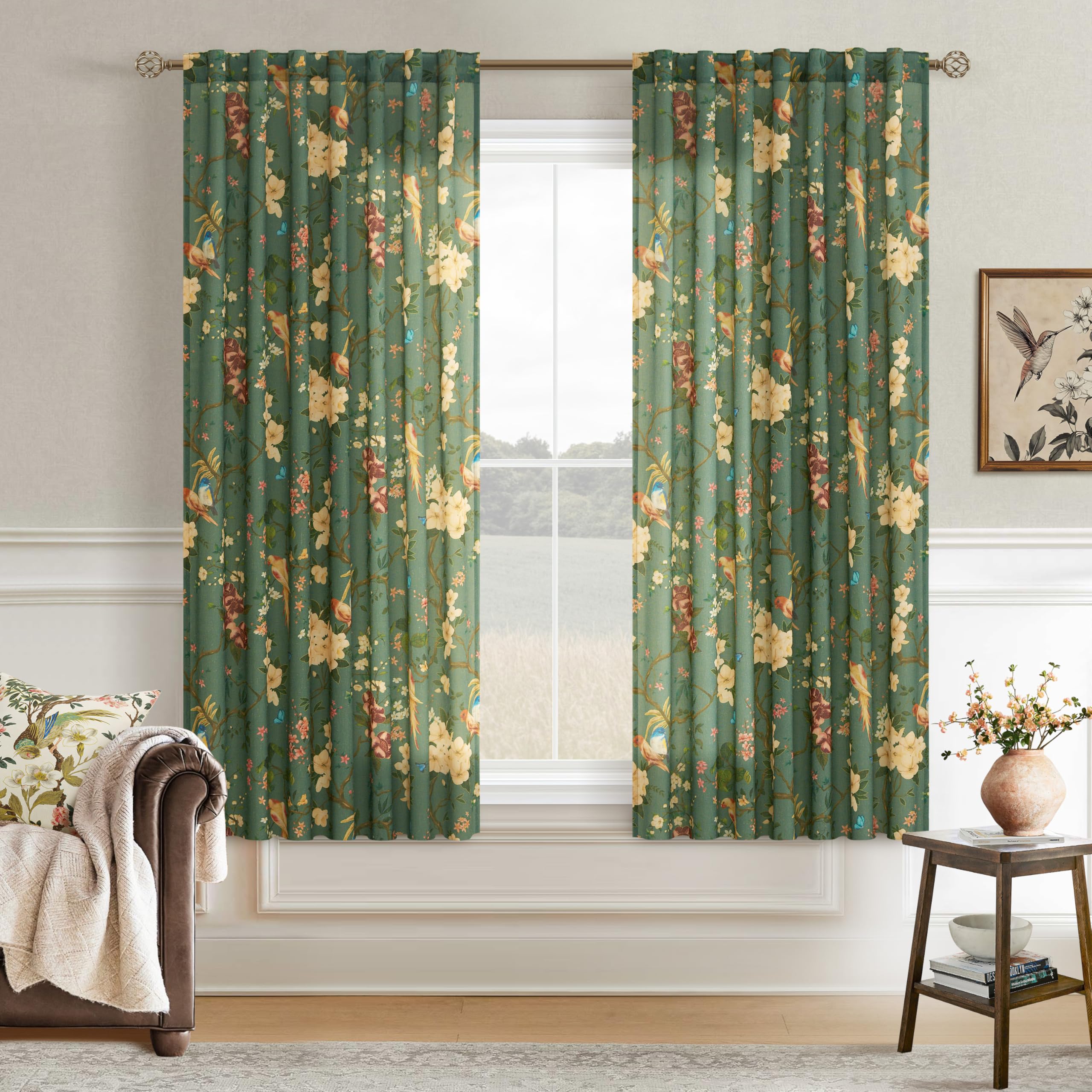 Olive Green Floral Linen Curtains 63 Inch 2 Panels for Living Dining Room | Birds,Botanical,Back Tab Rod Pocket,Light Filtering Semi Sheer,Vintage,Leaf Flower Pattern Colorful,Window Drapes for Bedroom
