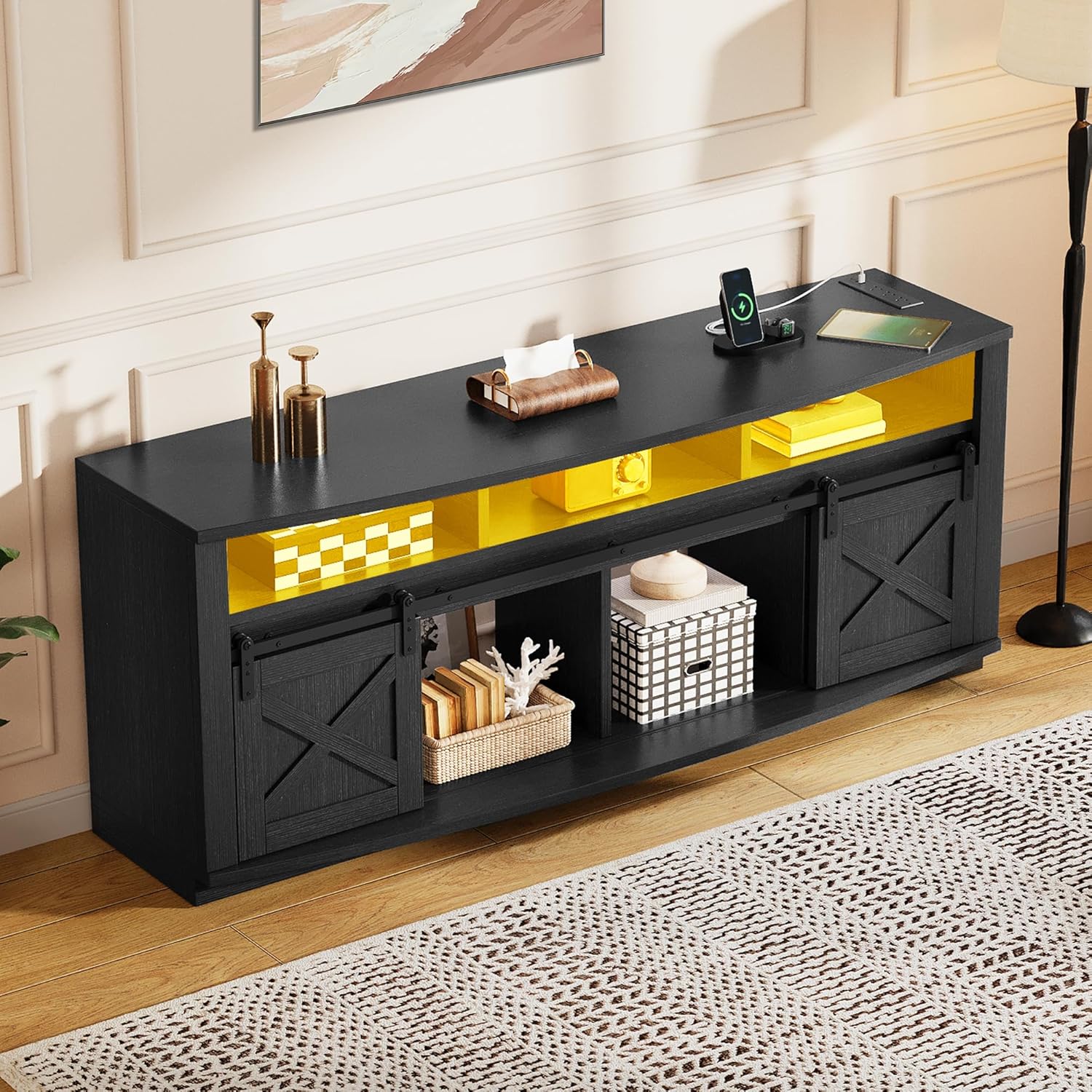 YITAHOME TV Stand for 75/80 Inch TV, Black Entertainment Center 70 Inches Wide, Media Furniture TV Table with with Power Outlet, TV Consoles for Living Room, Curved Desktop, Sliding Barn Doors
