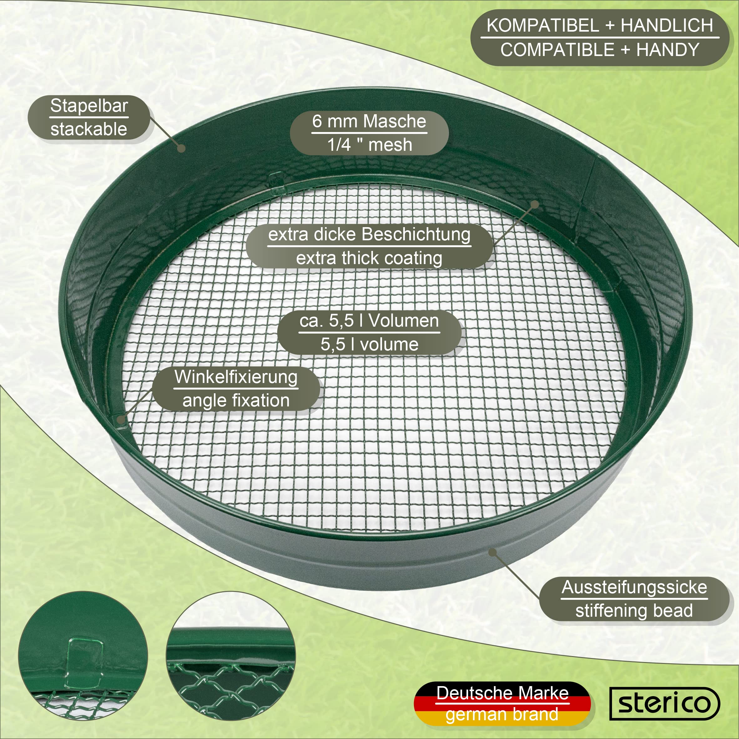 Sterico Sitko ogrodowe w różnych rozmiarach, okrągłe Ø 33 cm do nasion, ziemi, kompostu, kamieni, chwastów, kruszonego kamienia, układania w stosy, wytrzymałe (6 mm)