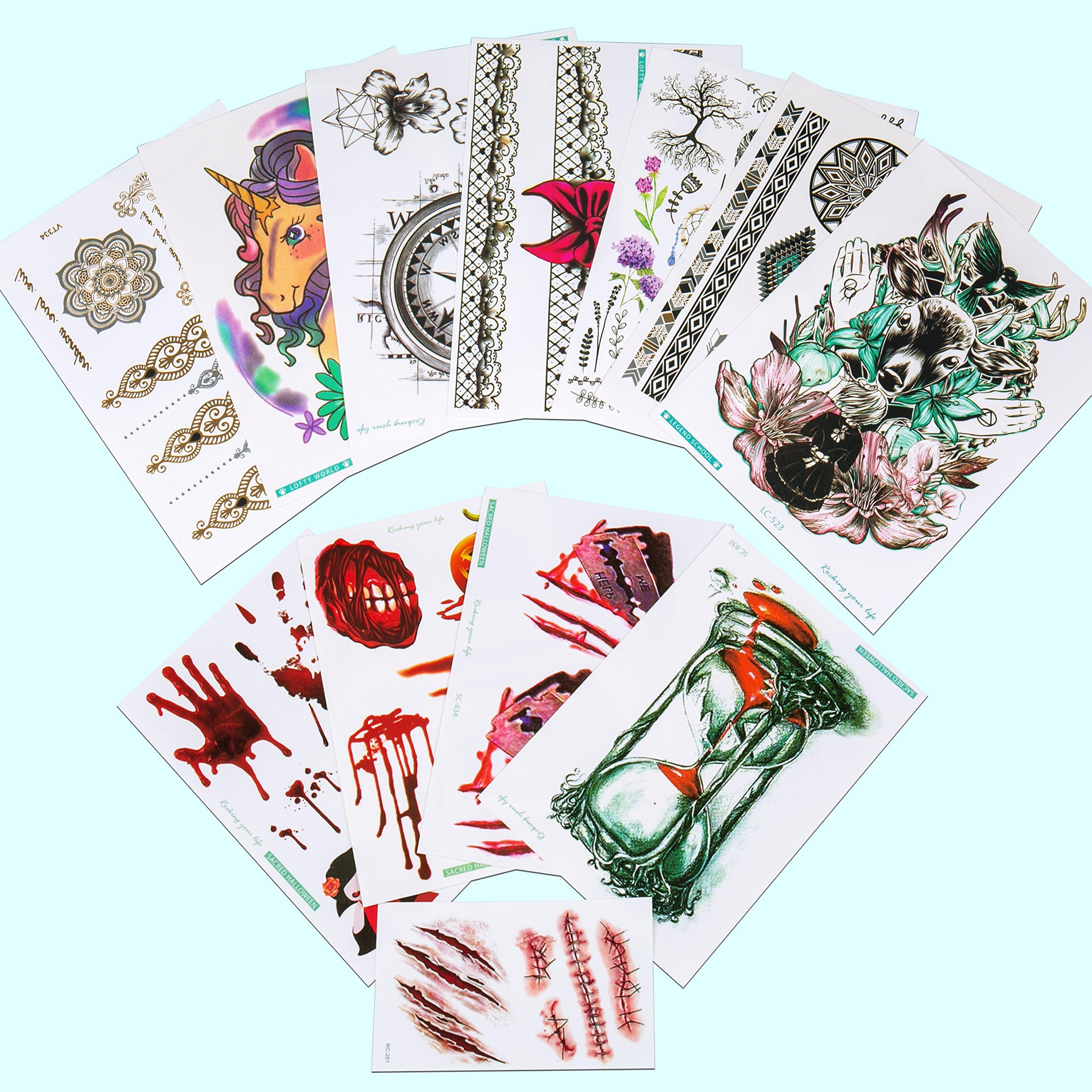 Tintec Temporary Tattoo Stickers, Over 70 Metallic Henna, Halloween Wound Scar, 3D Sexy Body Tattoo for Women Teens Girls [12 Sheets]