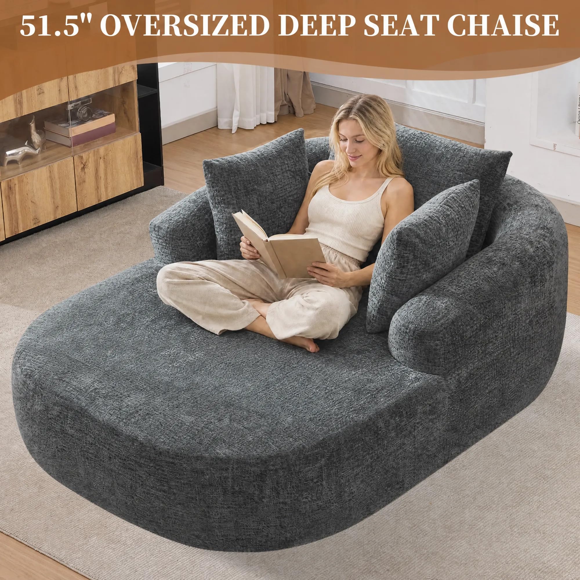 Gemütliche Chaiselongue aus Chenille-Stoff, übergroßes, geschwungenes Akzentsofa mit 4 Zierkissen, modernes Polstersofa für Wohnzimmer, Schlafzimmer oder Wohnung (Grau)