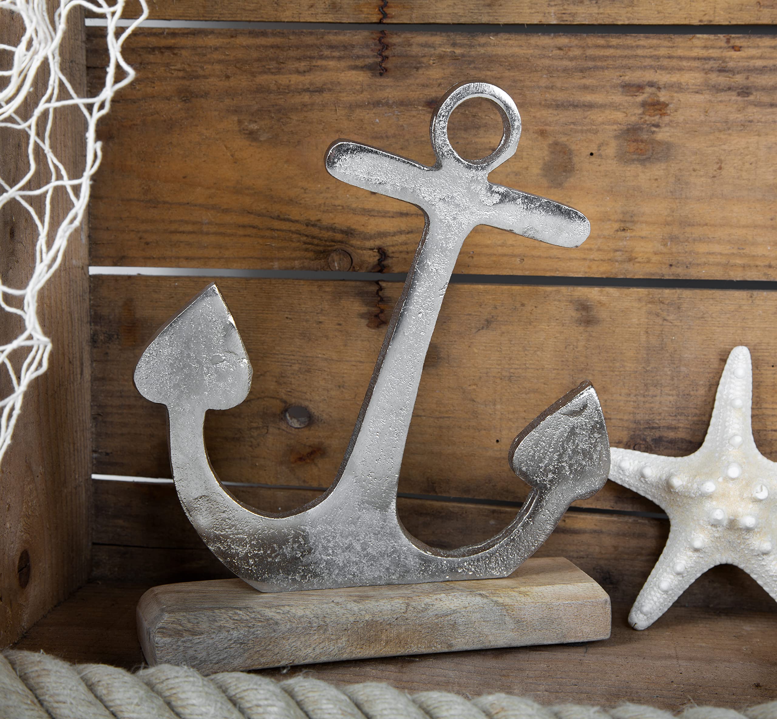 thumbnail: Logbuch-Verlag Decoratief Anker - 16 X 22 X 5 Cm, Zilverkleurig Metaal Op Mangohouten Sokkel, Maritieme Decoratie