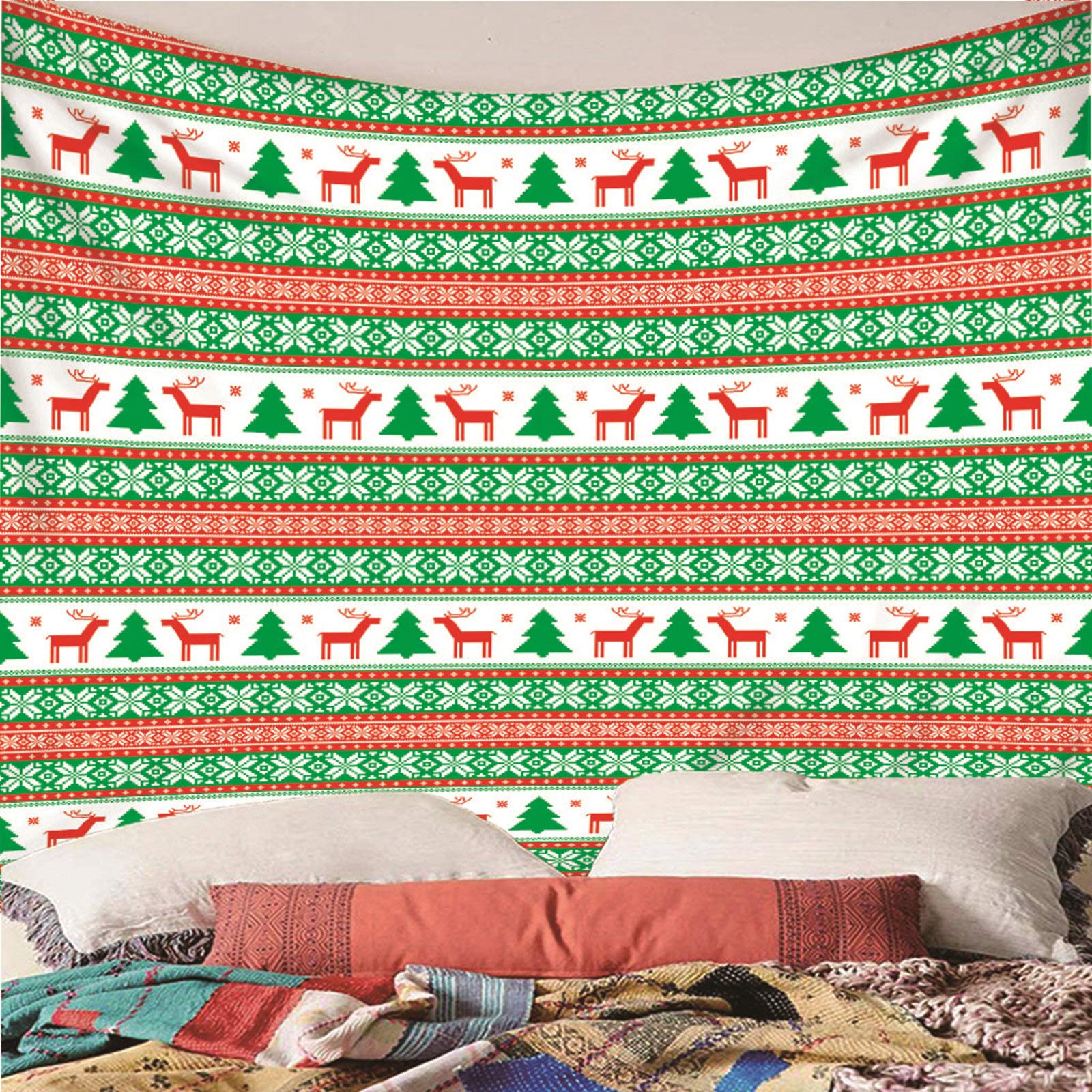 CEVAN Wandteppich XXL 3D Wand Teppiche Kuche Weihnachtsbaum Und Rotwild-Muster Wandteppich Blatt Tapisserie Vorhang Kunst Dekorationen Decke Wandbehang Stoff Rot Grün 350x250cm