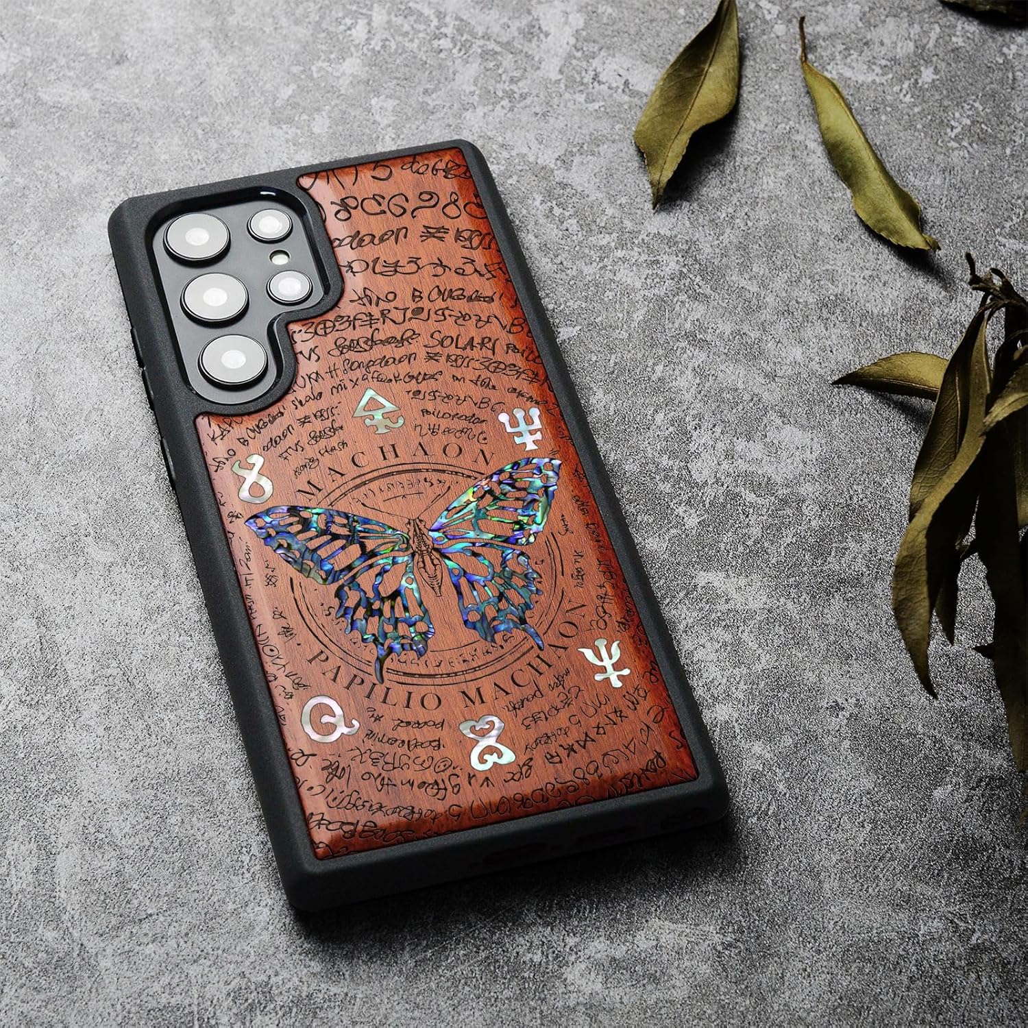 Carveit Designer Wooden Case for Samsung Galaxy S23 Ultra Cover [Wood Engraving & Shell Inlay] Compatible with Wireless Chargers Galaxy S23 Ultra Case (Papilio machaon-Rosy)