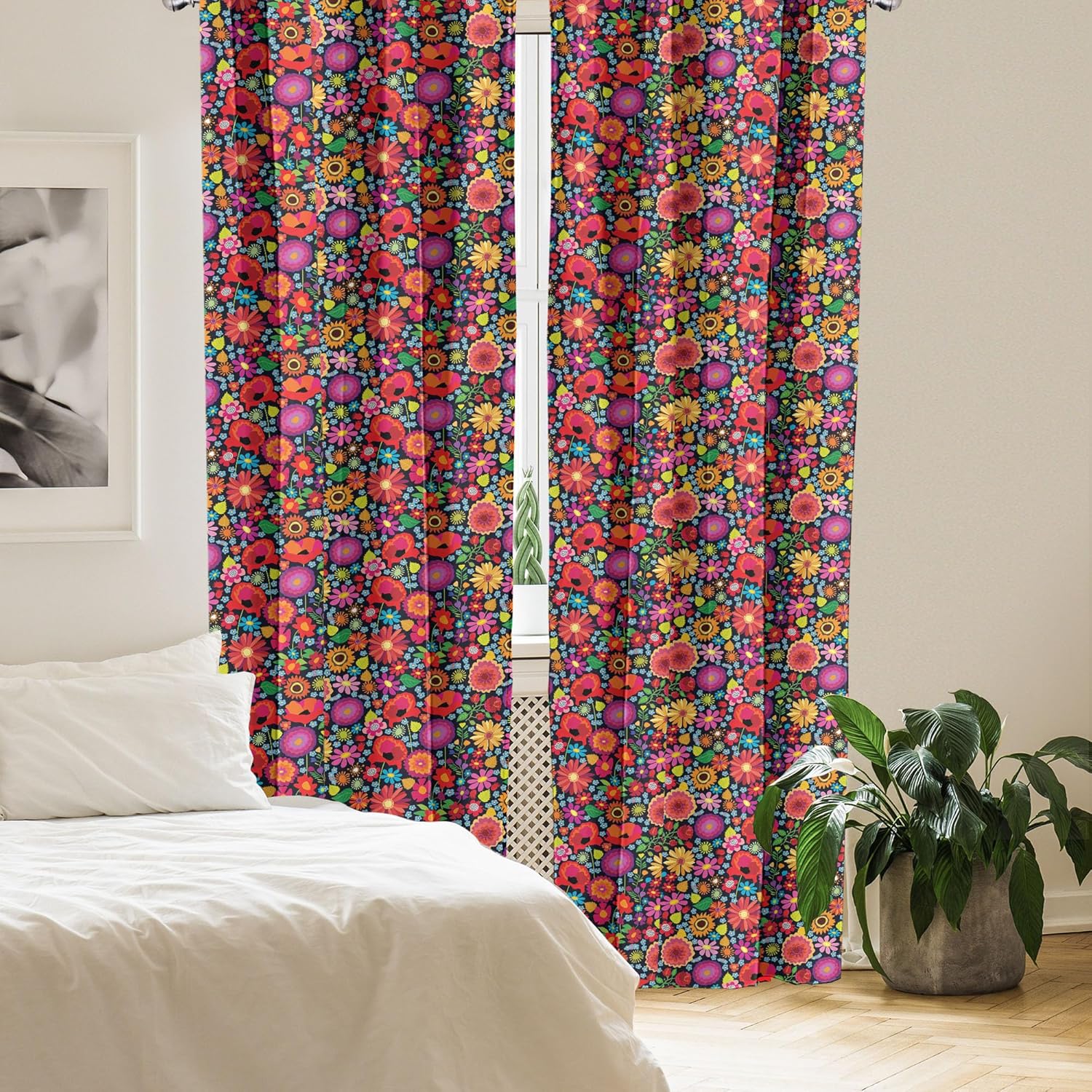 Ambesonne Floral Curtains, Summer Warm Tone Asters Poppy Flowers Chrysanthemums Composition Garden Art, Window Treatments 2 Panel Set for Living Room Bedroom, Pair of - 28" x 95", Magenta Red
