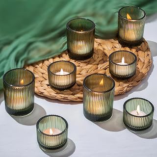 Glasseam Glass Votive Candle Holders: 8 PCS Ribbed Green Tea Lights Candle Holder Set Vintage Small Tealight Holders for Table Centerpiece Christmas Party Decor