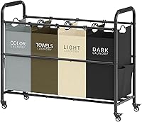 Vista 12 de Tajsoon Carrito clasificador de ropa sucia de 4 bolsas, clasificador de cestas de lavandería de 4 secciones con ruedas enrollables resistentes
