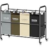 Tajsoon 4 Bag Laundry Sorter Cart, 4 Section Laundry Hamper Sorter with Heavy Duty Lockable Rolling Wheels, Laundry Separator Hamper with Removable Bags for Dirty Clothes Storage, 4 Colors