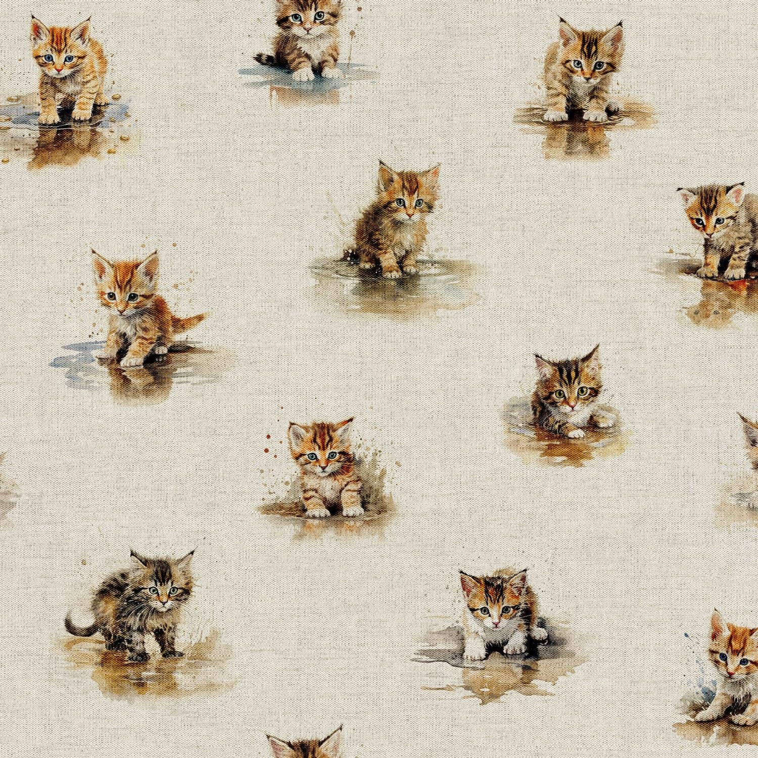 Glamour Secrets Multicoloured Cotton Rich Linen Look Upholstery Fabric 'Puddle Kittens' Cute Cats - Digital Print - Per Metre - 140 Cm Wide