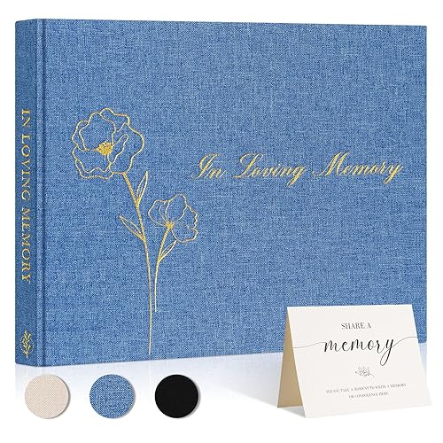 Lanpn Funeral Guest Book for Loving Memory, Linen Memorial Service Registry Guest Book, Funeral Favors Sign in Books for Guests, Celebration of Life Memory Book for Funeral with Table Sign, Blue