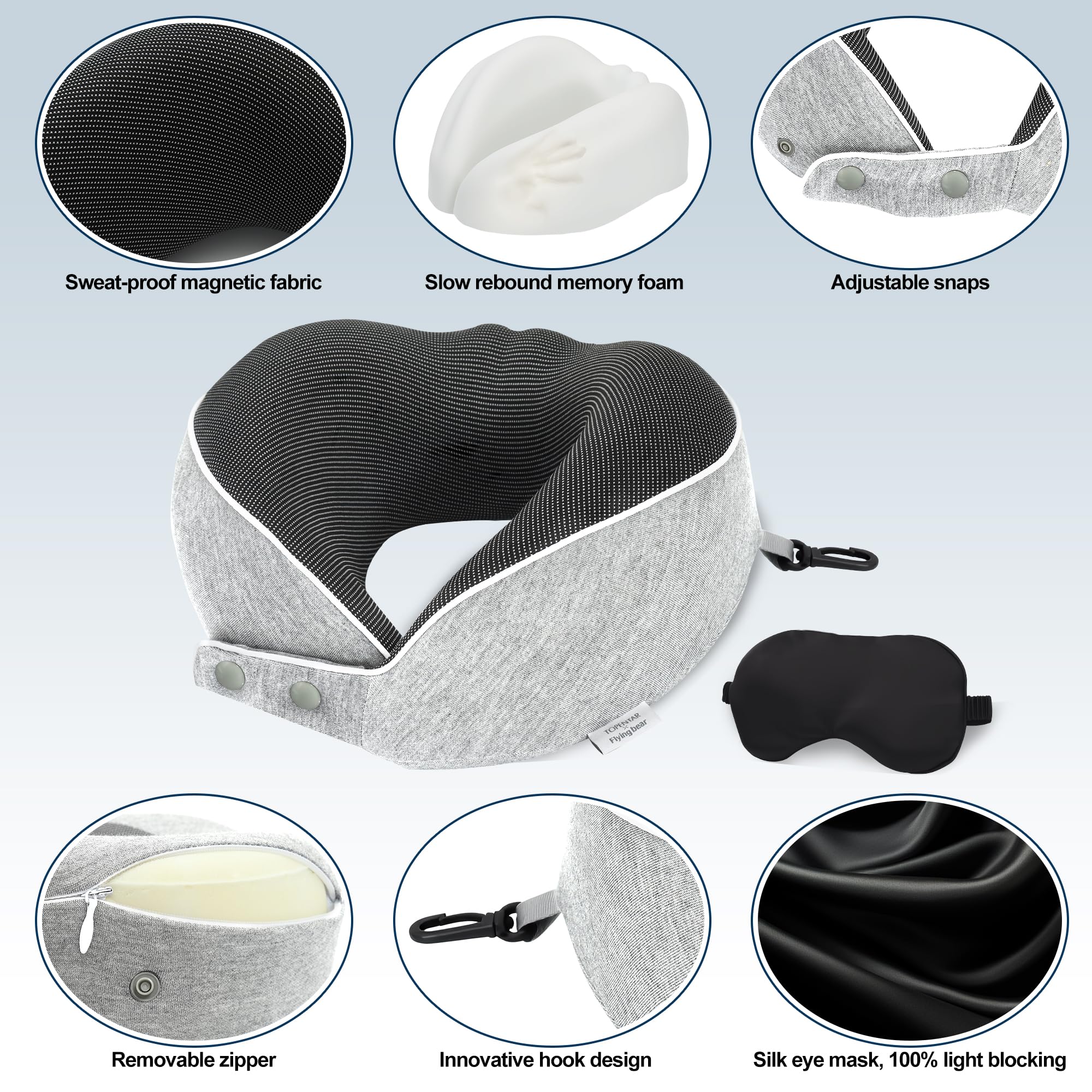 Chumix Cuscino Aereo Viaggio, Pieghevole Regolabile Cuscino da Viaggio Memory Foam con Mascherina per Dormire 3D e Contenitore in EVA, Travel Pillow con Gancio Adatto per Aerei (Grigio chiaro)