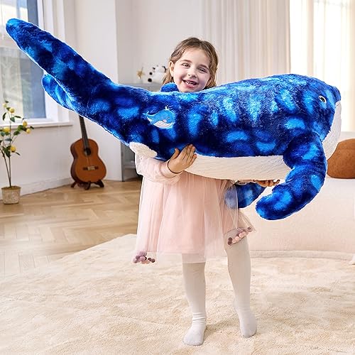 Miniatura 6 de IKASA Juguete de peluche grande de ballena azul, gigante, de 43 pulgadas, lindos juguetes suaves jumbo, enorme tamaño grande, esponjoso, oso, de