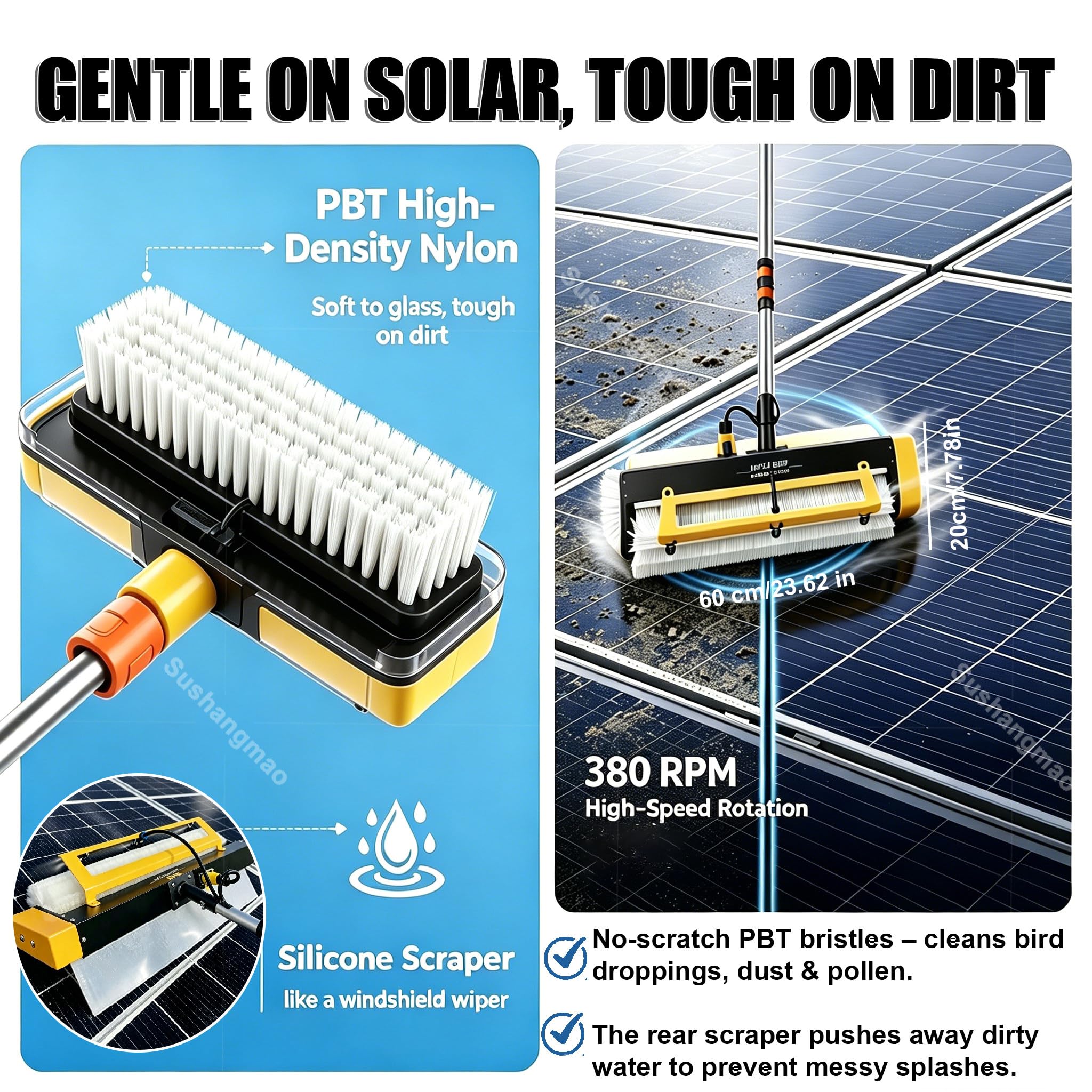 Kit De Limpieza De Paneles Fotovoltaicos – Con Batería 29.000 Mah, Cepillo 60 Cm A 380 Rpm, Raspador Trasero De Silicona, Pértiga De Fibra De Carbono – Limpiador Fotovoltaico Mains-10m(32.8ft)