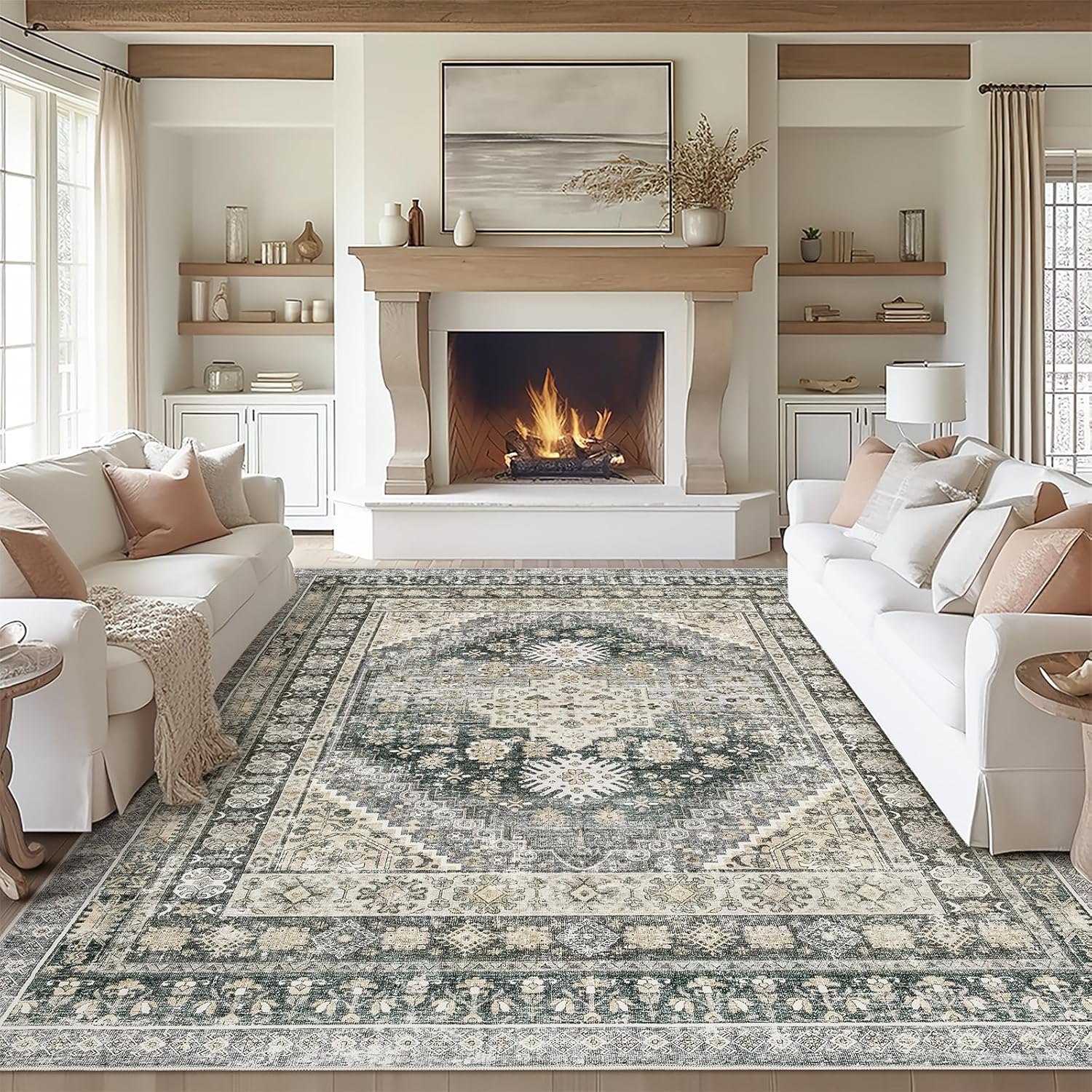 zesthome 8x10 Area Rugs for Living Room,Non-Slip Backing Washable Rugs,Vintage Large Area Rug?Stain Resistant Home Decor Rug (Wheat/Charcoal,8'x10') Wheat/Charcoal 8' x 10' (Rectangular)