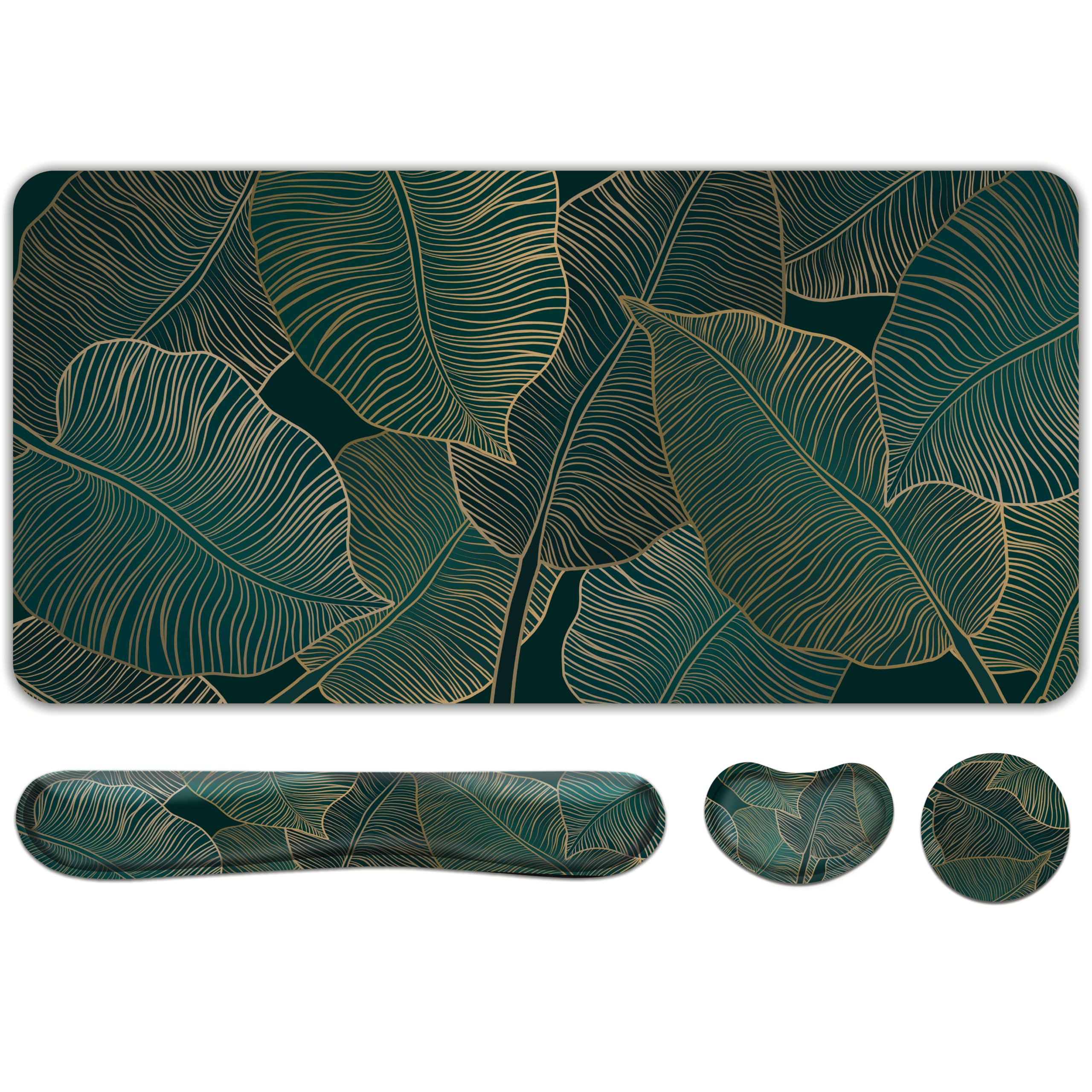 Doodlream 4-in-1 Desk Pad, Tropical Leaf Theme, Desk Mat with Mouse Keyboard Wrist Support and Coaster, Ergonomic Design for Home Office Laptop Computer Desk Accessories