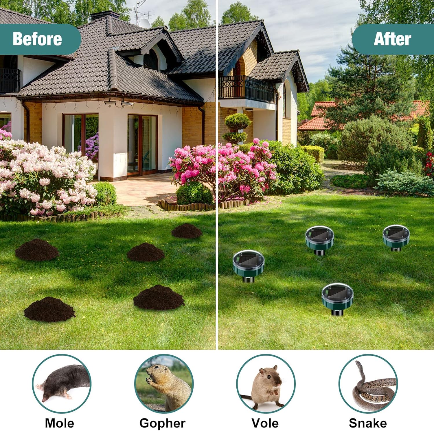 28 Pieces Solar Mole Repellent Ultrasonic Outdoor Gopher Deterrent Spikes for Garden Yard Lawn Waterproof Solar Powered Repeller for Groundhogs, Voles, Snakes and Other Burrowing Animals (Round)