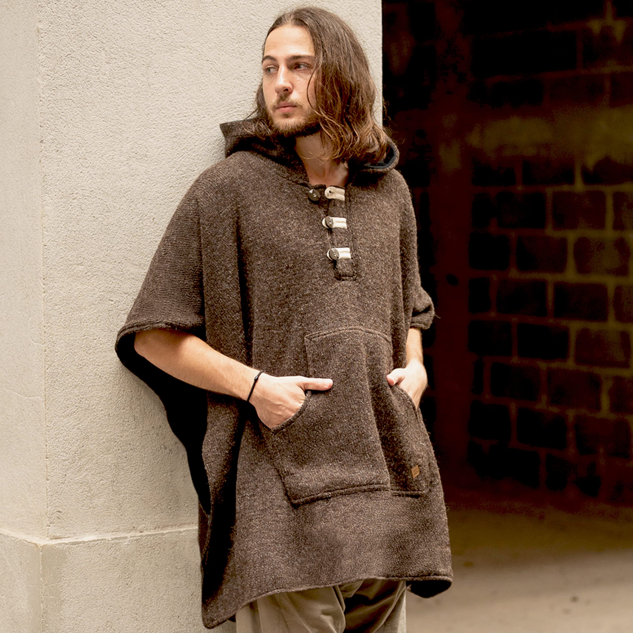 virblatt - Poncho Herren Wolle | Wolle & Polarfleece | Herren Poncho Winter warm Deckenponcho mit Fleece und Kapuze- Arriba Wool braun