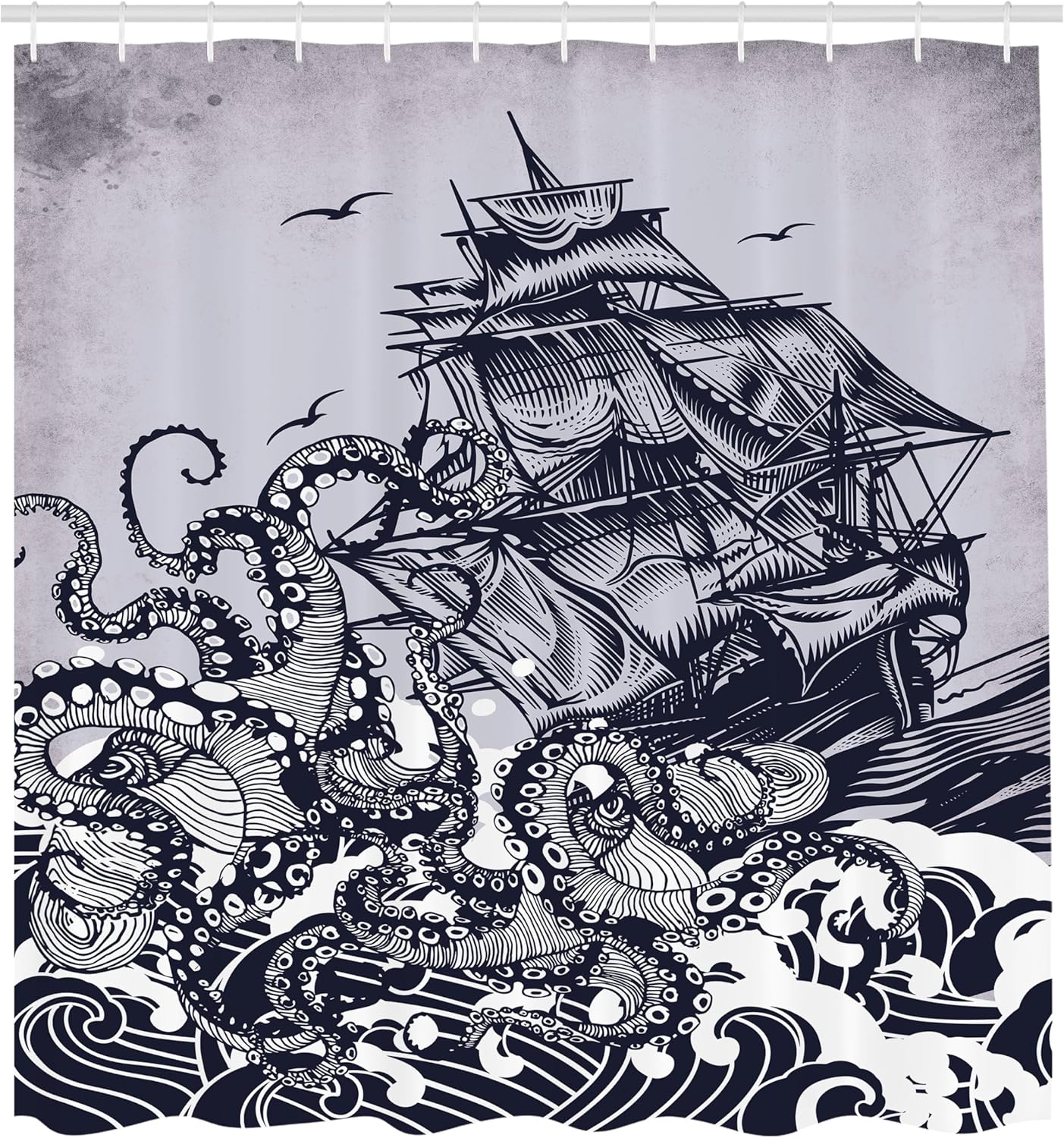 Ambesonne Nautical Shower Curtain, Drawing Kraken Octopus Tentacles with Ship Sail Boat in Ocean Wave, Dorm Essentials Cloth Fabric for Nautical Bathroom Decoration Set with Hooks, 69" W x 75" L, Blue