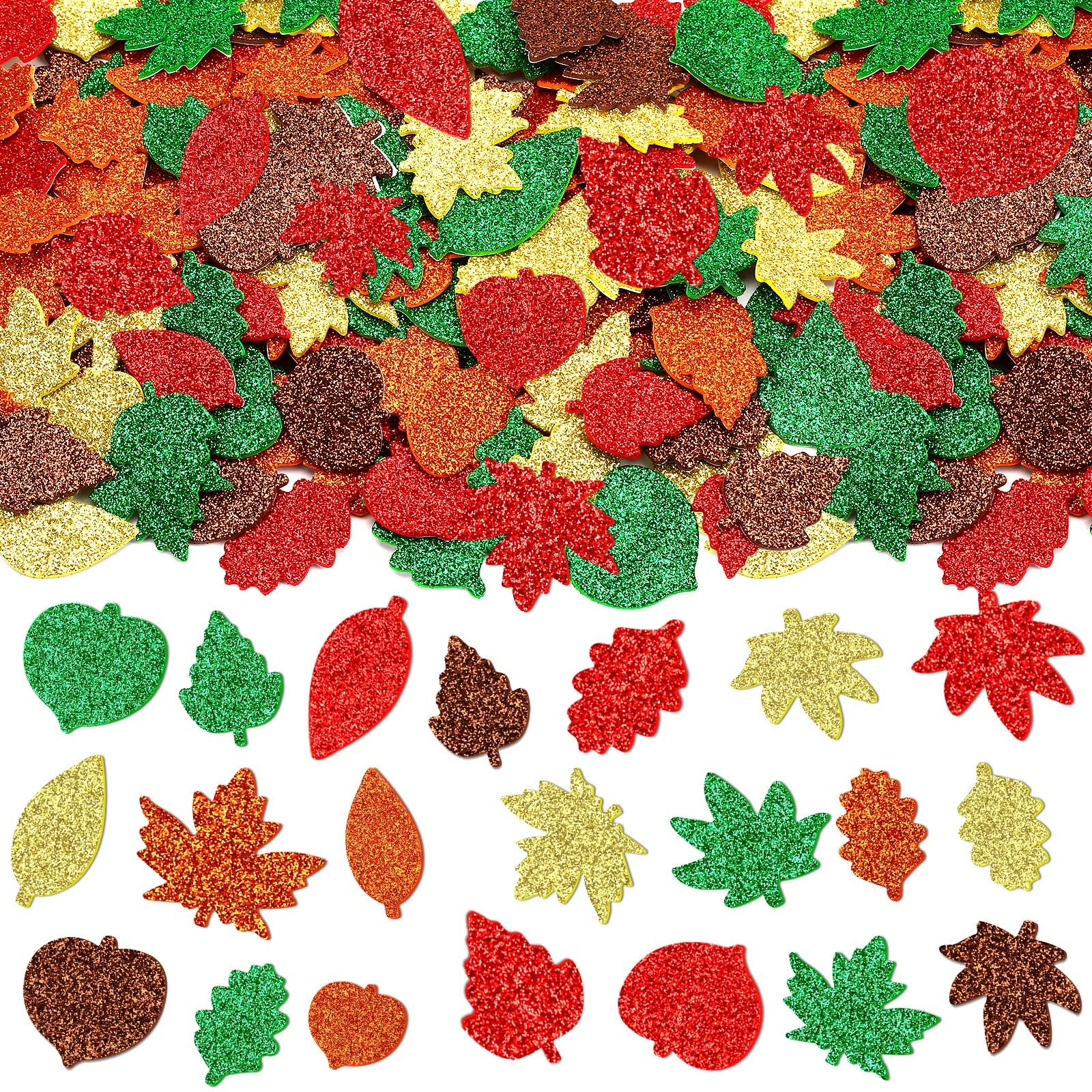 JULBEAR 300Pcs Fall Leaf Foam Stickers, Glitter Maple Leaves Decals
