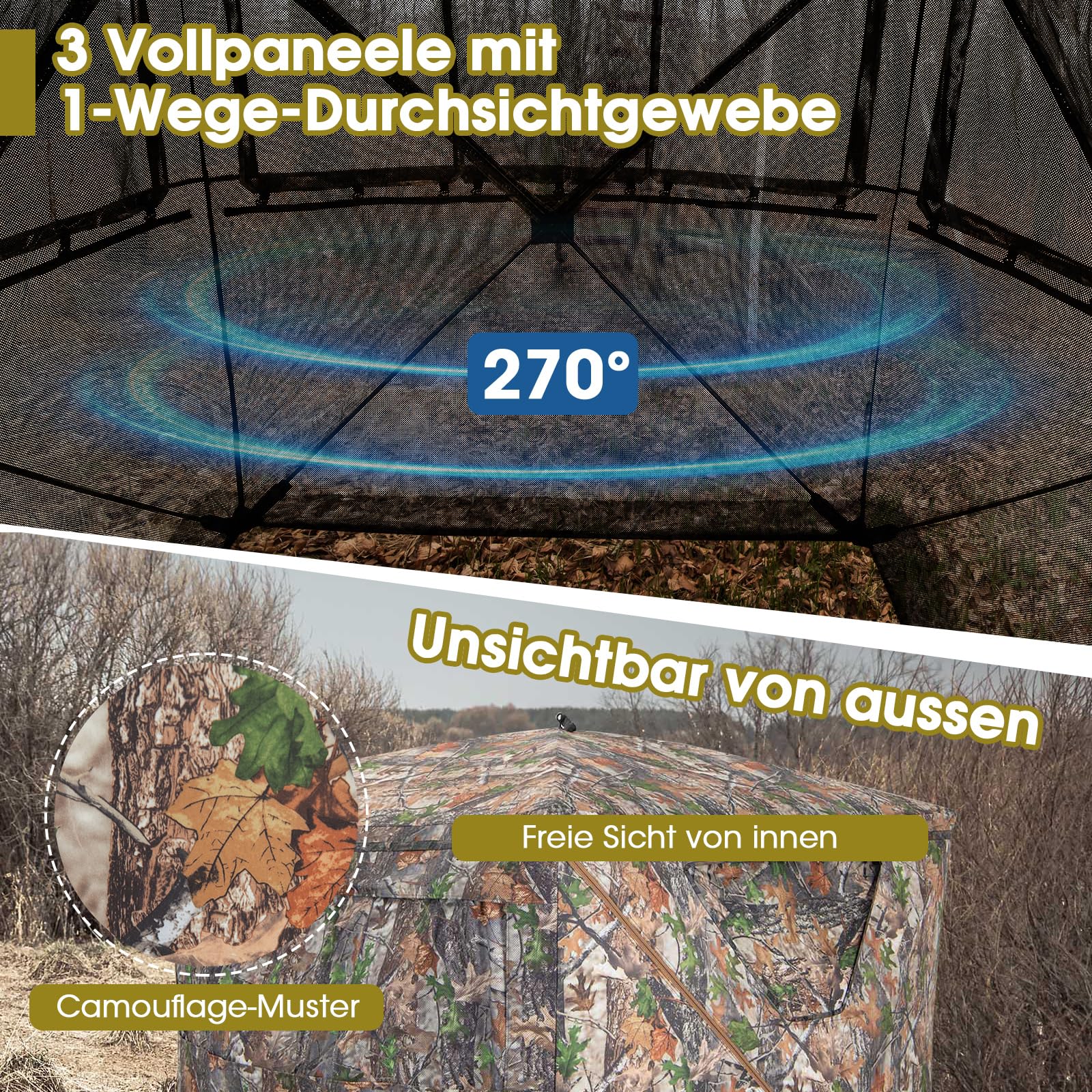 COSTWAY Einseitig durchsichtiges 270° Jagdzelt, Pop-Up-Unterstand für 2–3 Personen mit geräuschlosem Schiebefenster & Tragetasche, Jagdversteck für die Hirsch- & Truthahnjagd, Camouflage