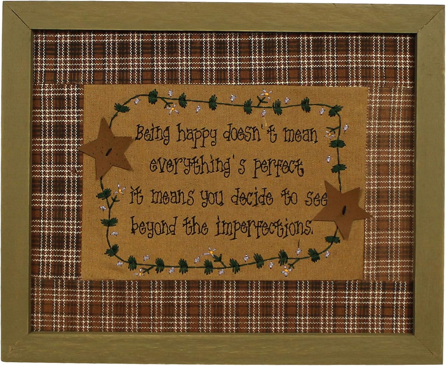 CVHOMEDECO. Primitives Vintage Being Happy Doesn’t Mean Everything’s Perfect. It Means You Decide to See Beyond the Imperfections Stitchery Frame Wall Mounted Hanging Decor Art, 15 x 12 Inch