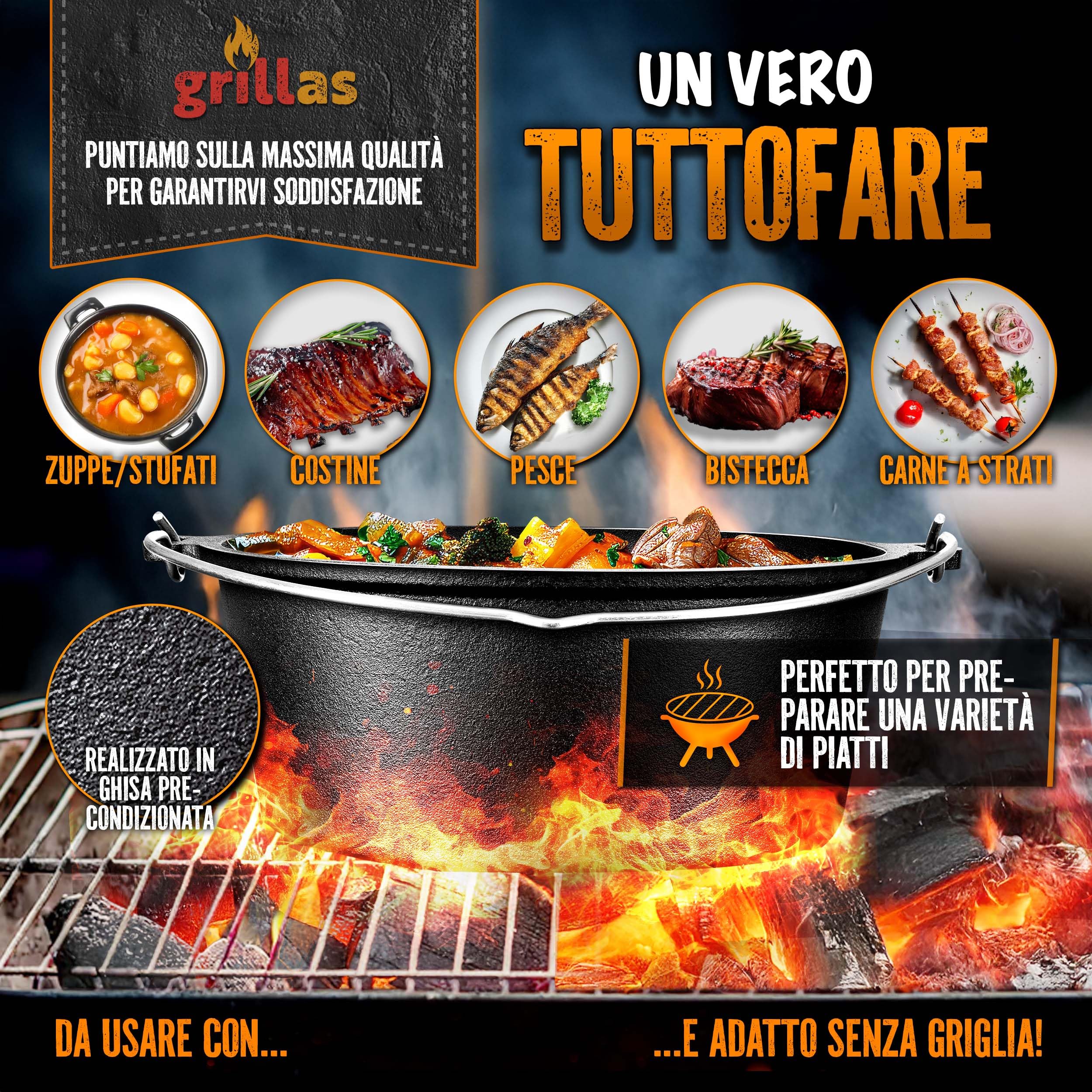 grillas® Pentola Olandese | Dutch Oven | Forno Olandese | Pentola da Fuoco | Casseruola in Ghisa
